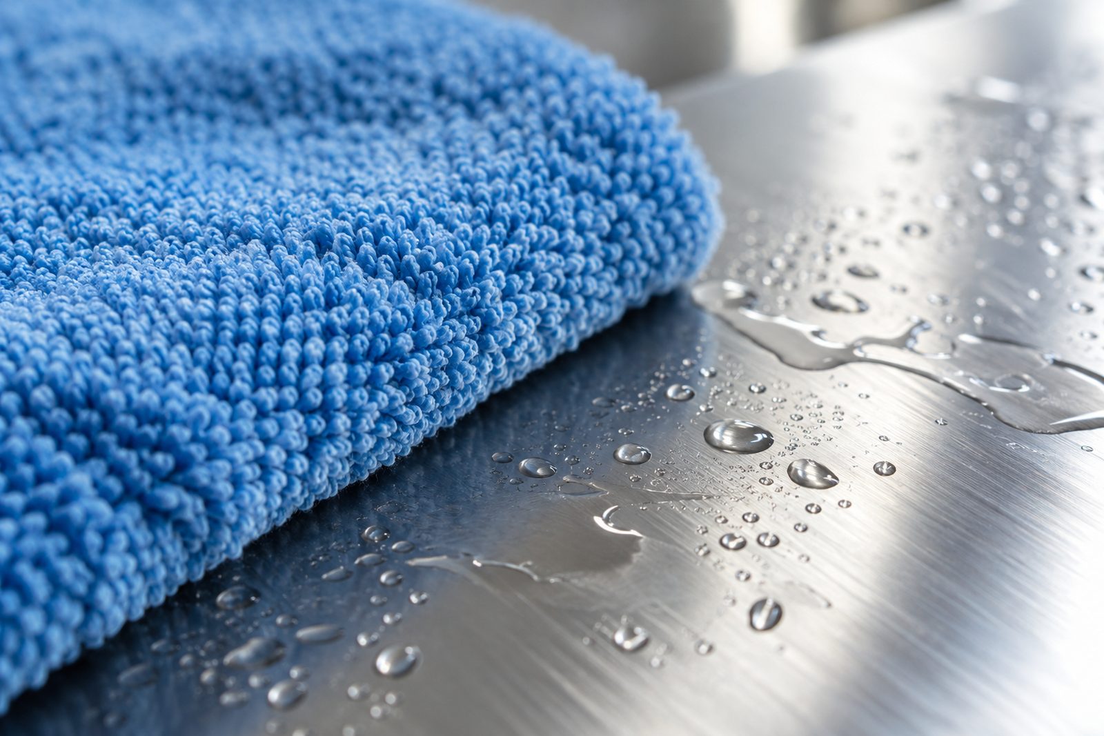 Extreme close-up of blue microfiber cloth weave beside a damp stainless surface, shallow depth of field