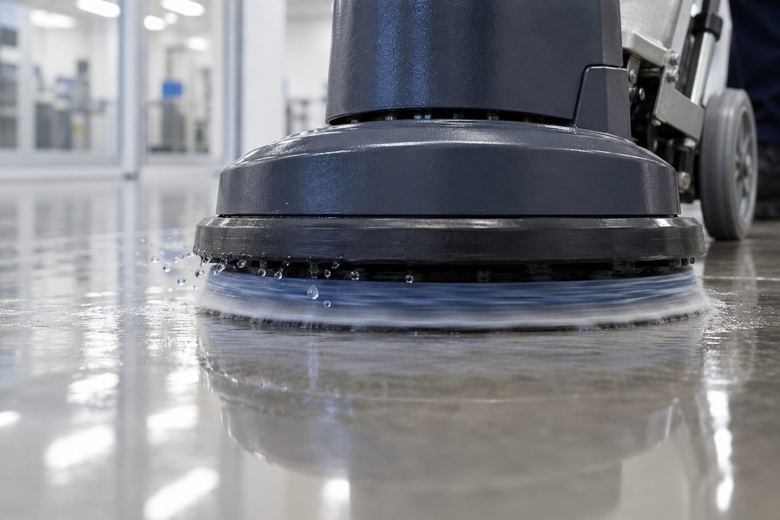 Close-up of a floor machine rotating pad with water droplets spinning off on a polished concrete floor