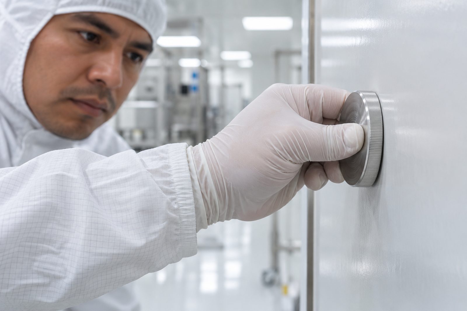 Close-up of a gloved thumb pressing a stainless steel contact plate against a cleanroom surface for sampling
