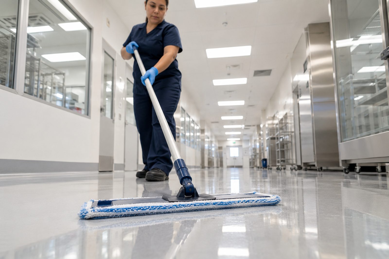 Low angle close view of a flat microfiber mop gliding over a glossy corridor floor, reflections of ceiling lights