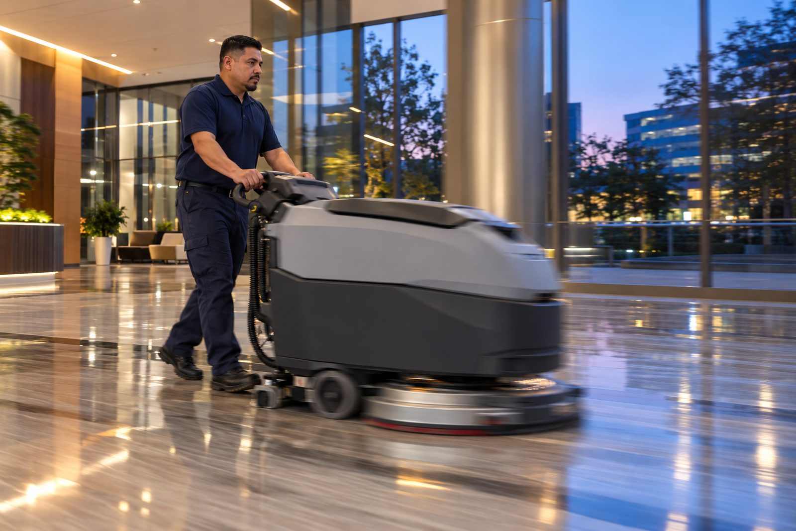 Motion-blurred auto-scrubber crossing a glass-walled lobby at dusk, sharp operator in navy, light streaks on the floor