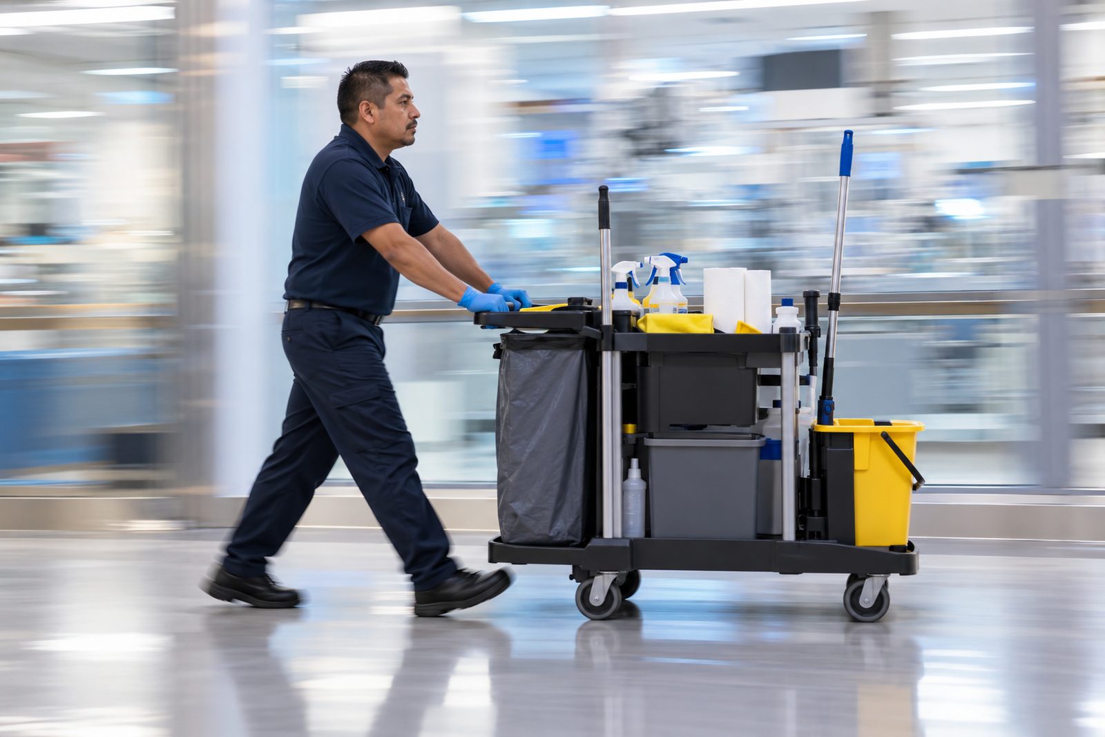 Panning shot of a crew member pushing a cleaning cart along a bright corridor with the background streaked