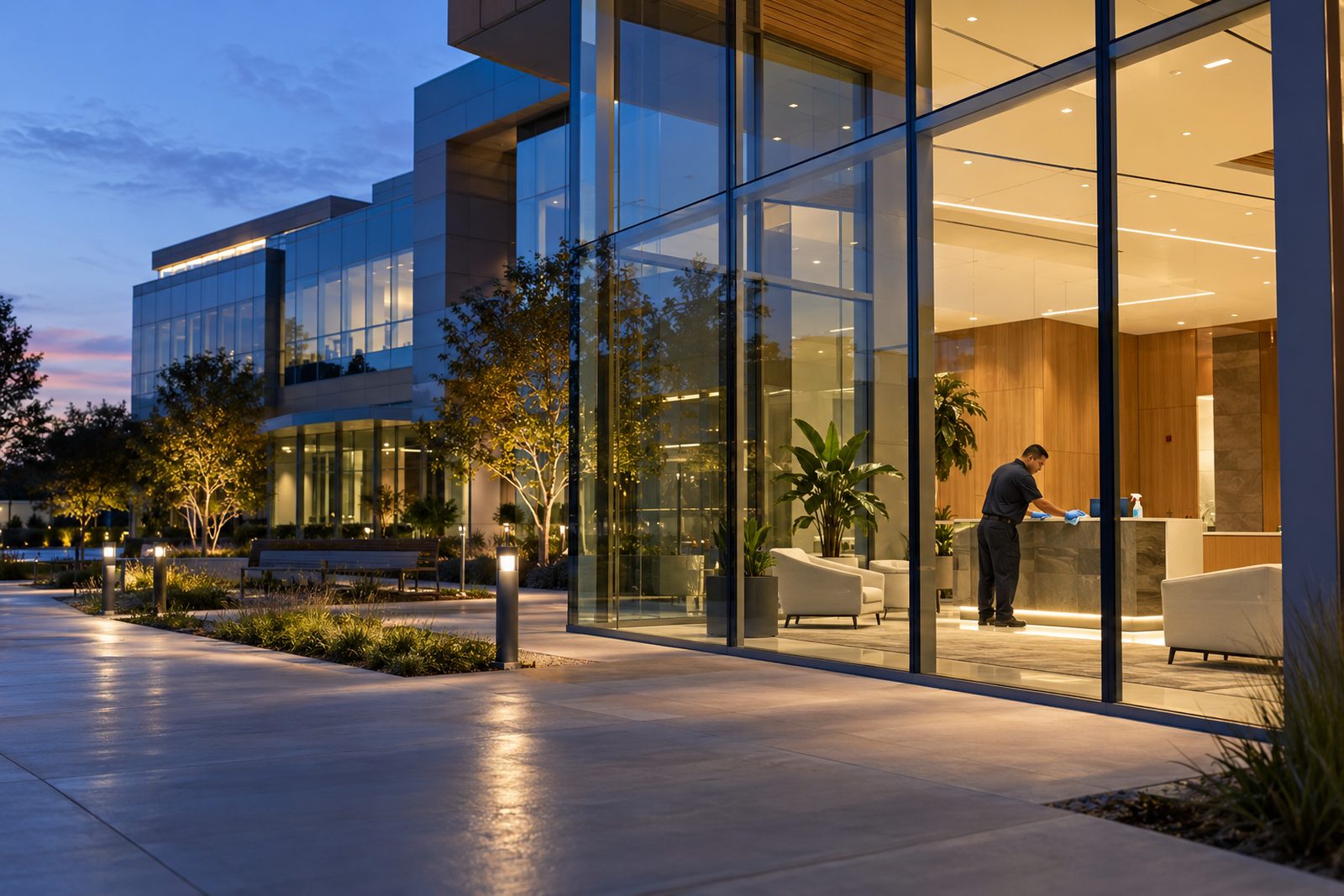 Biotech campus building exterior at blue hour, glass lobby glowing warm, a lone navy-uniformed Hispanic custodian inside