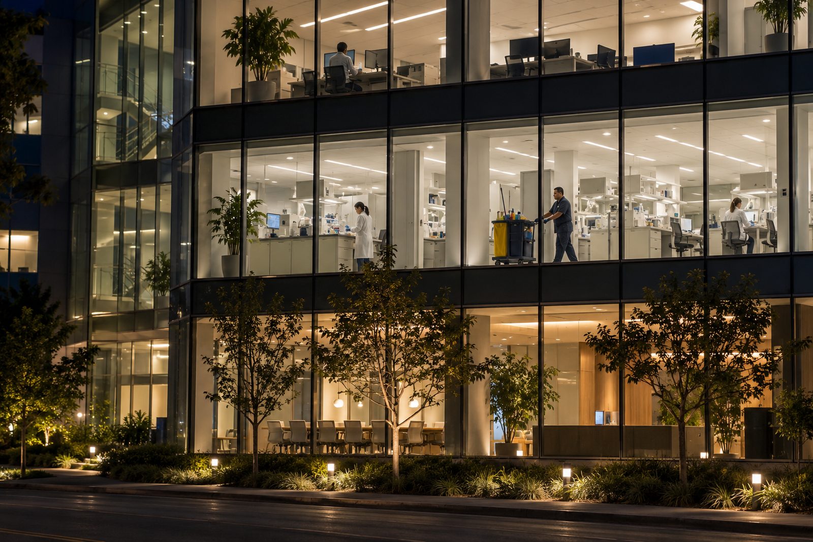 Office tower at night from the street with a row of lit windows, a cleaning cart visible on one illuminated floor