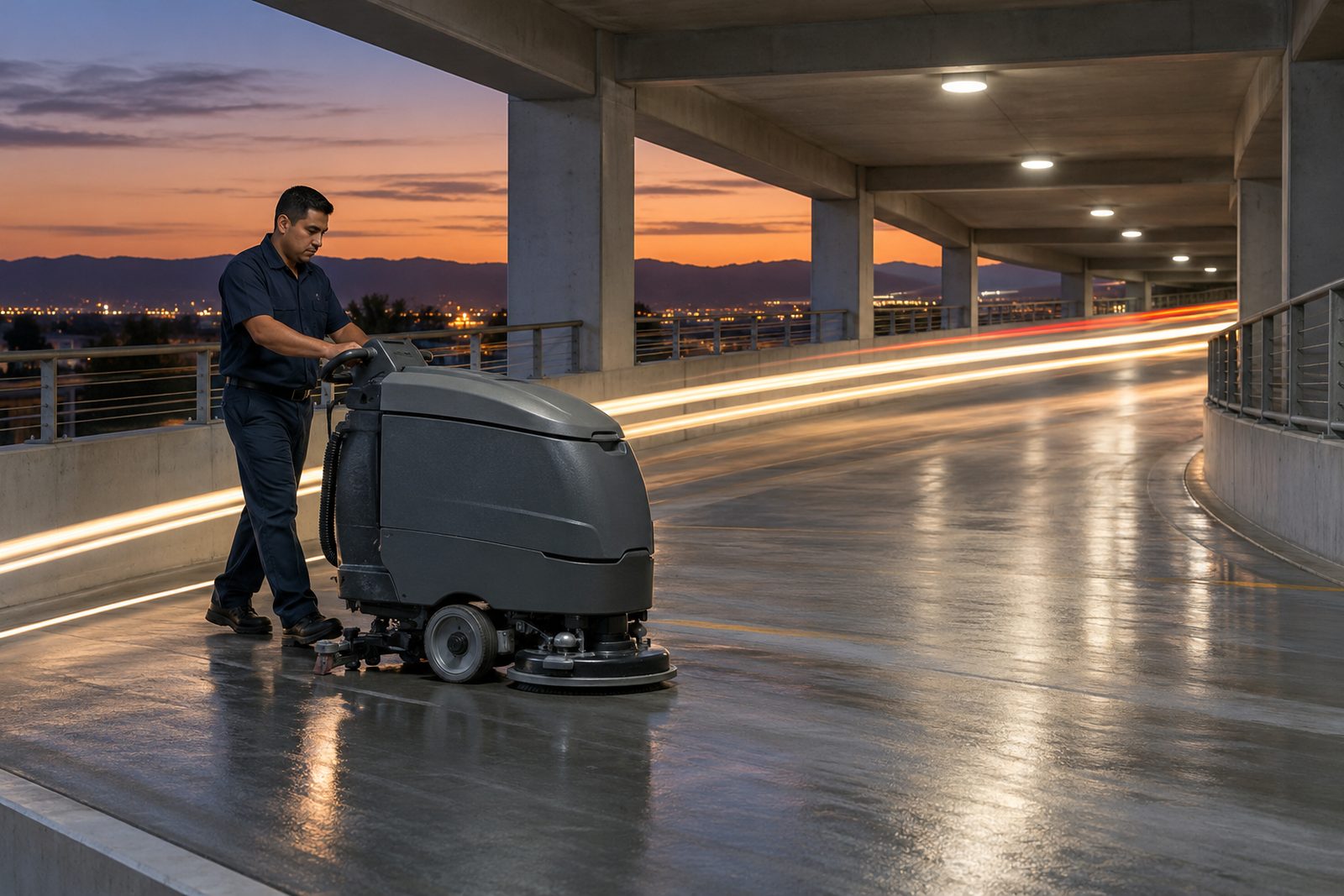 Empty parking structure ramp at dusk with an auto-scrubber and a Hispanic operator in navy, long light trails