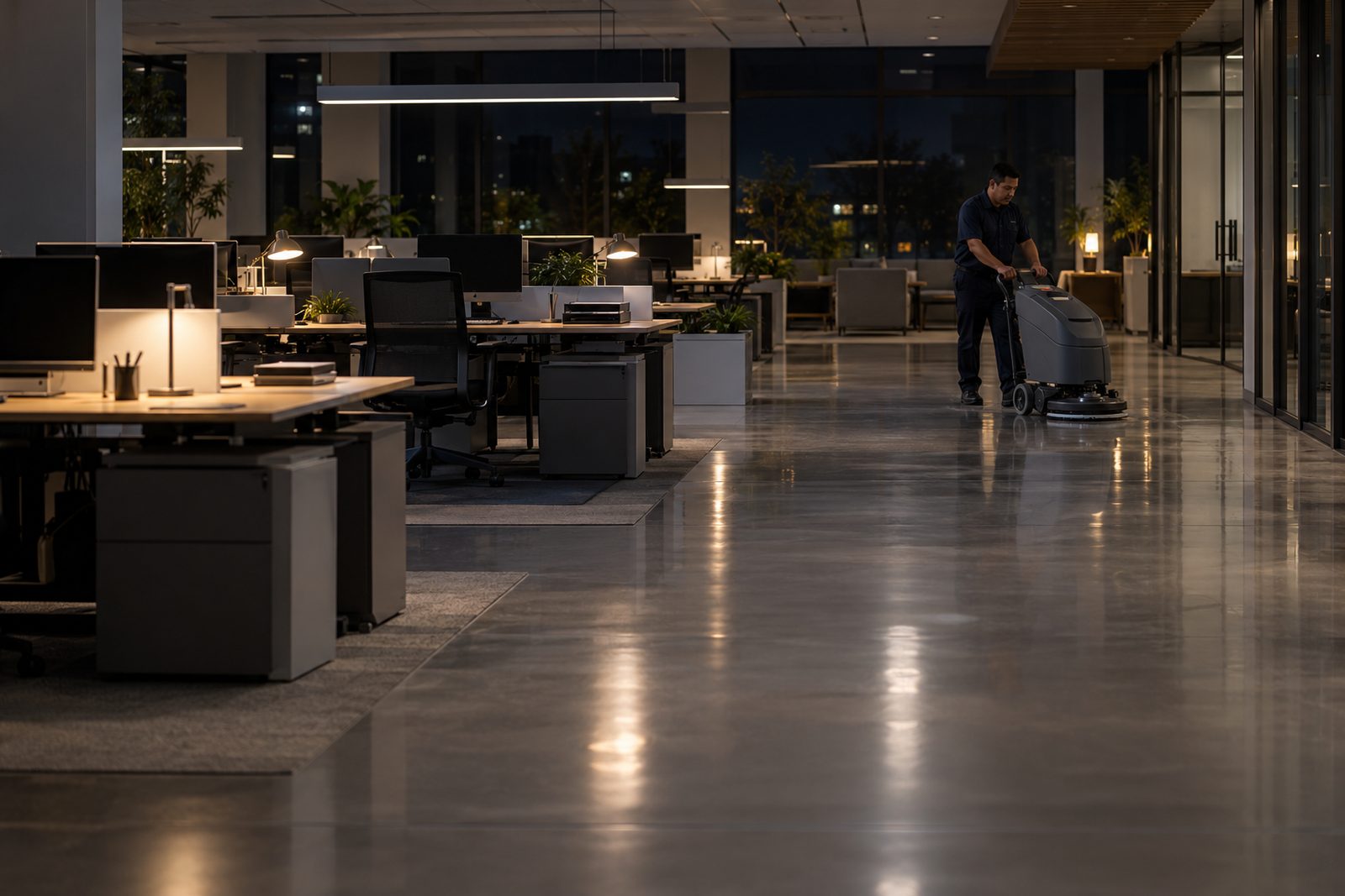 Open-plan office at night with only a few desk lamps glowing and an auto-scrubber working far across the floor