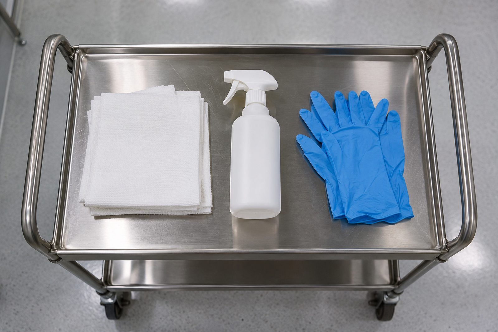 Top-down view of a stainless cart with folded white wipers, a spray bottle and gloves laid out in neat rows on a lab floor
