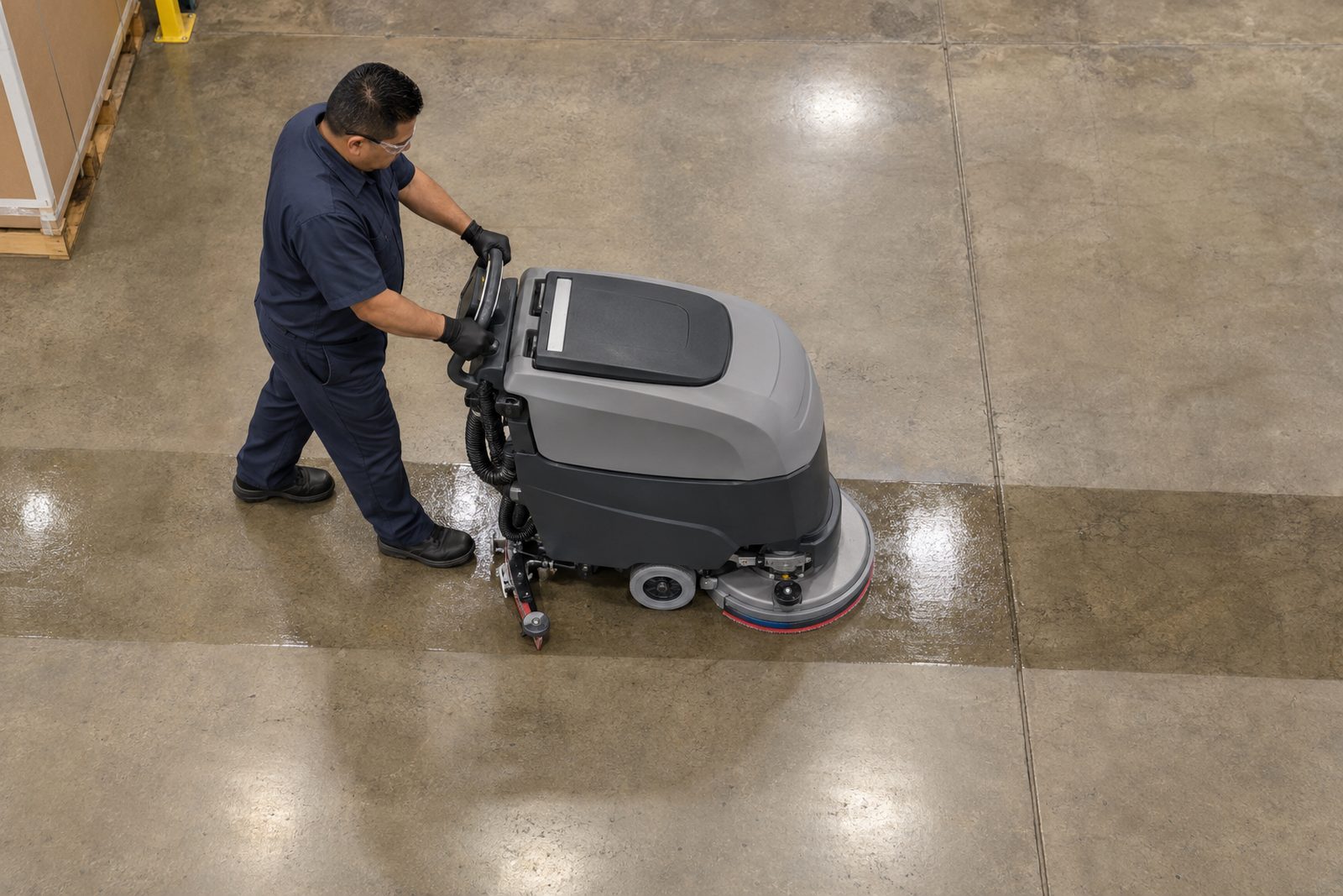 Overhead view of an auto-scrubber leaving a clean wet stripe across a dull concrete warehouse floor