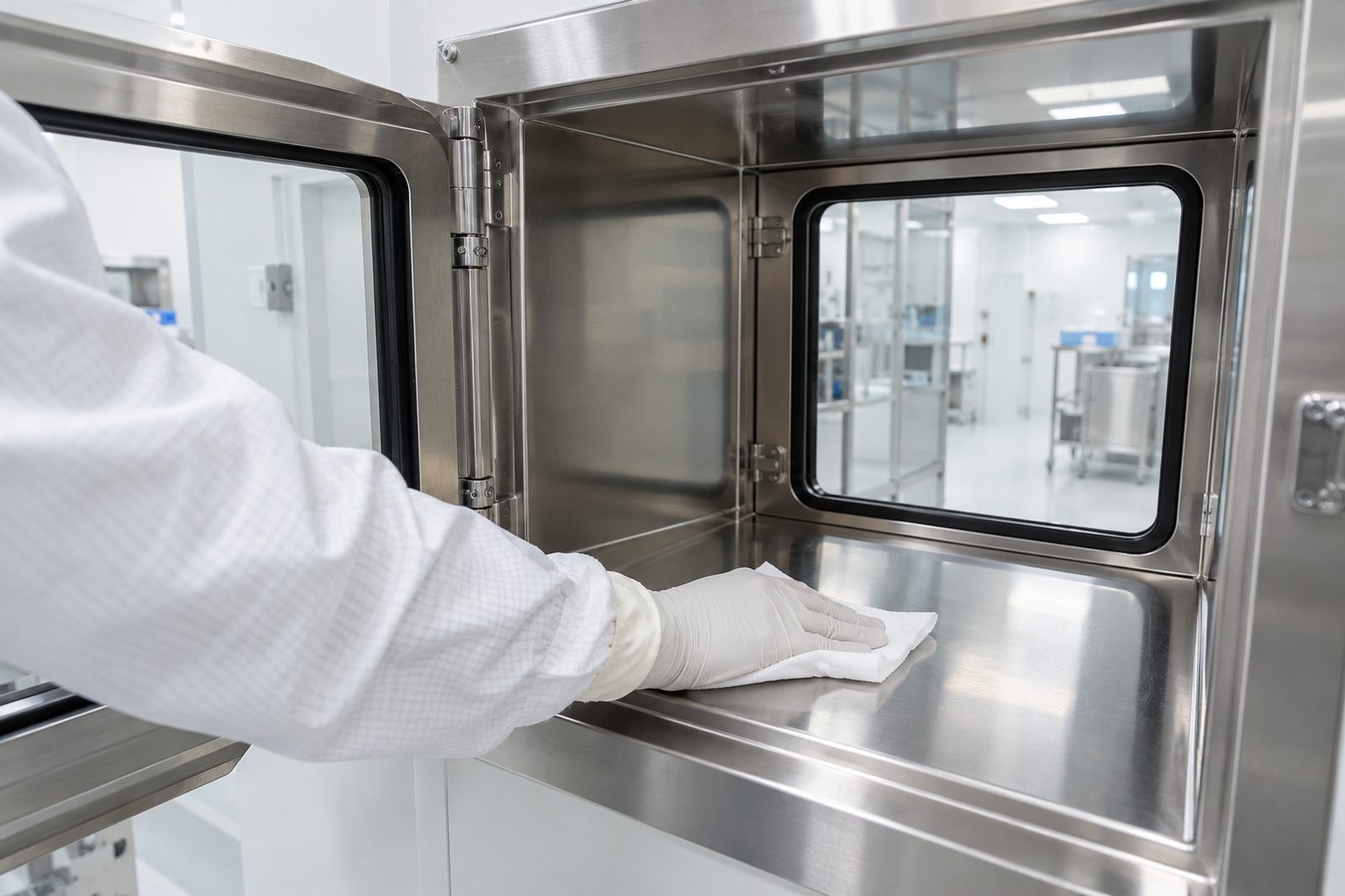 Stainless pass-through hatch between two cleanroom zones, being wiped by a gloved hand, bright even light