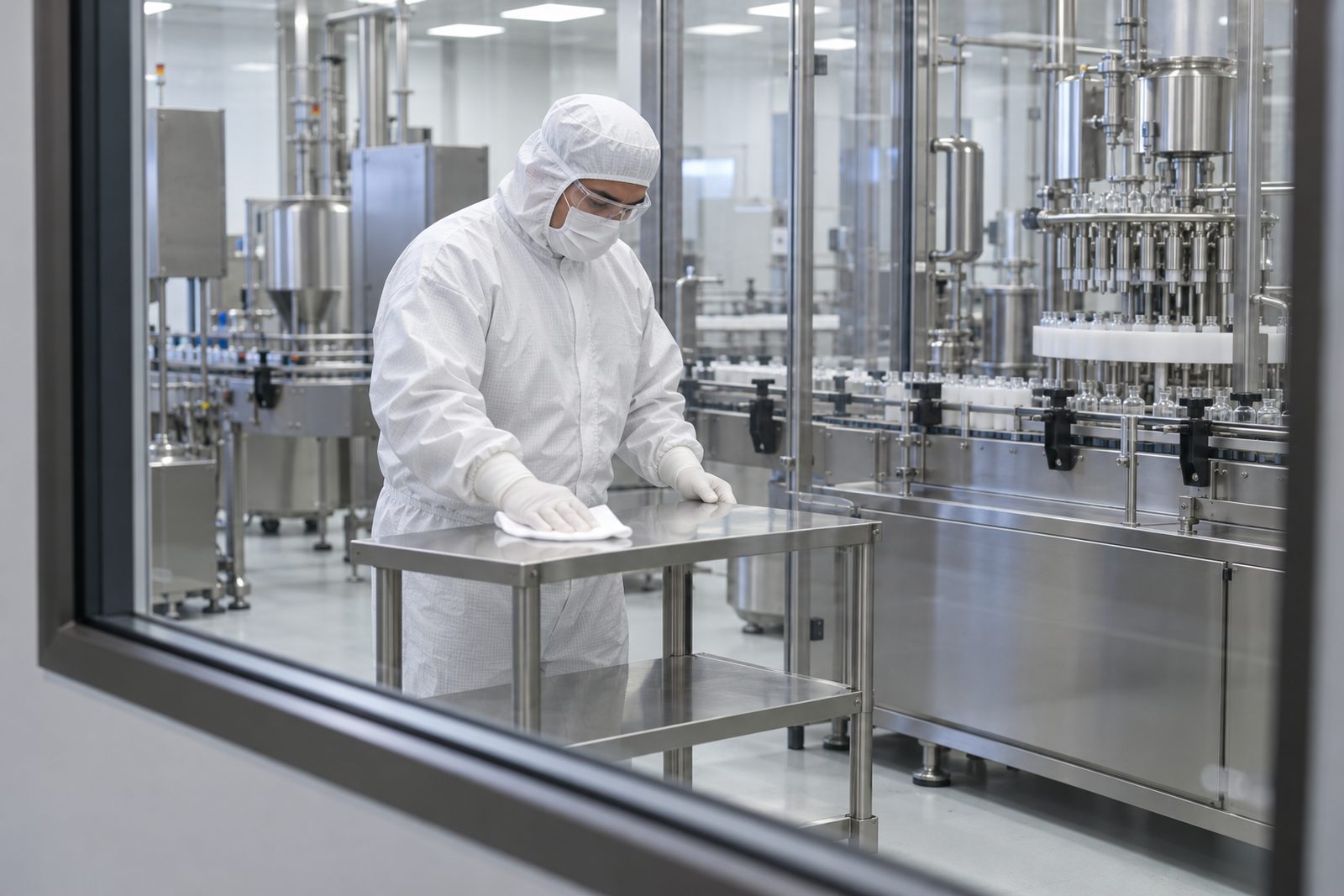 Pharma filling room seen through a viewing window, a Hispanic operator in full white garb wiping a stainless stand