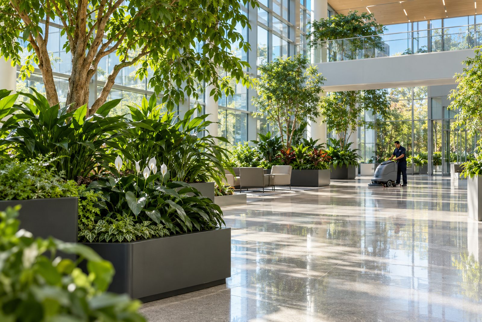 Sunlit green atrium of a corporate campus with large plants and a polished floor, an auto-scrubber far away