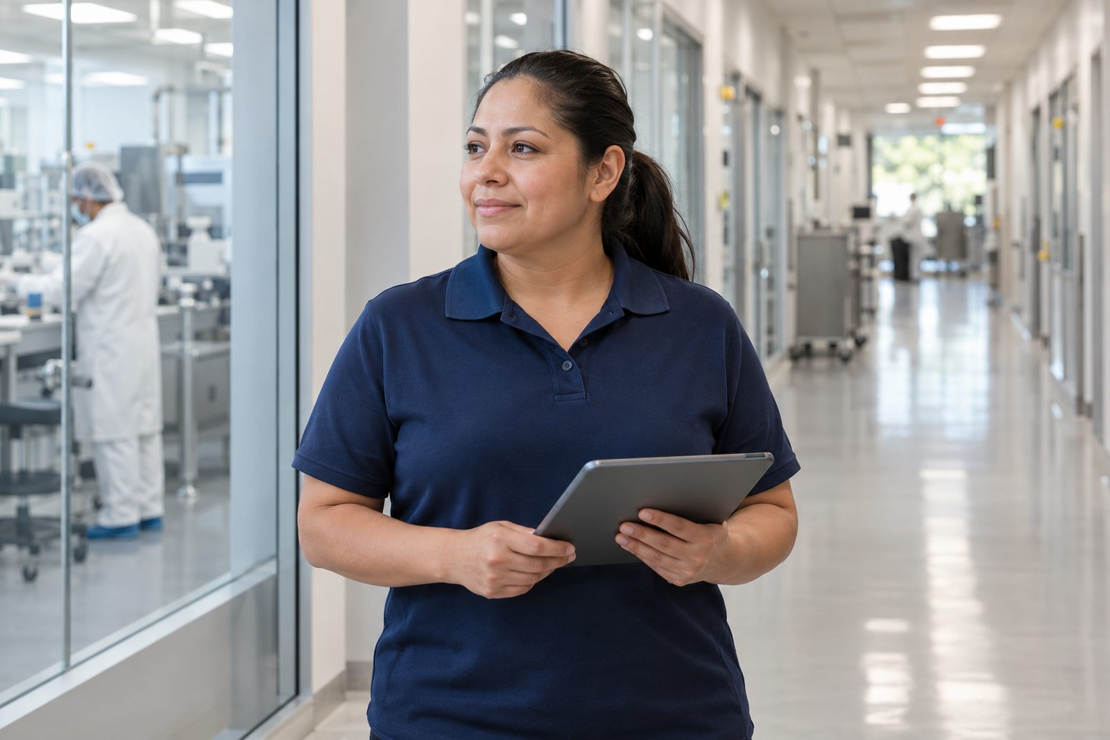 Environmental portrait of a smiling Hispanic woman supervisor in a navy polo holding a tablet in a bright biotech corridor