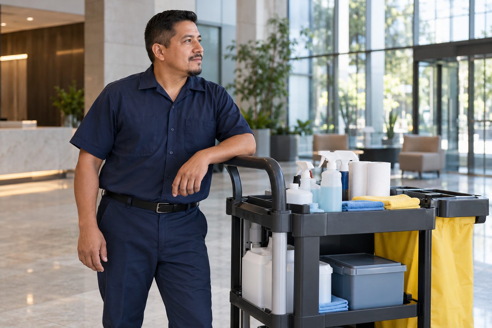 Environmental portrait of a Hispanic man crew lead in navy uniform leaning on a janitor cart in a modern lobby, side light