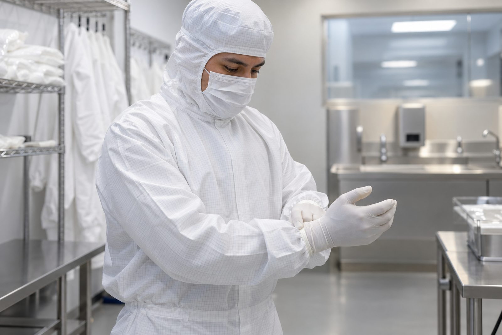 Hispanic technician in white cleanroom garb with hood, eyes visible above the mask, in a softly lit gowning room