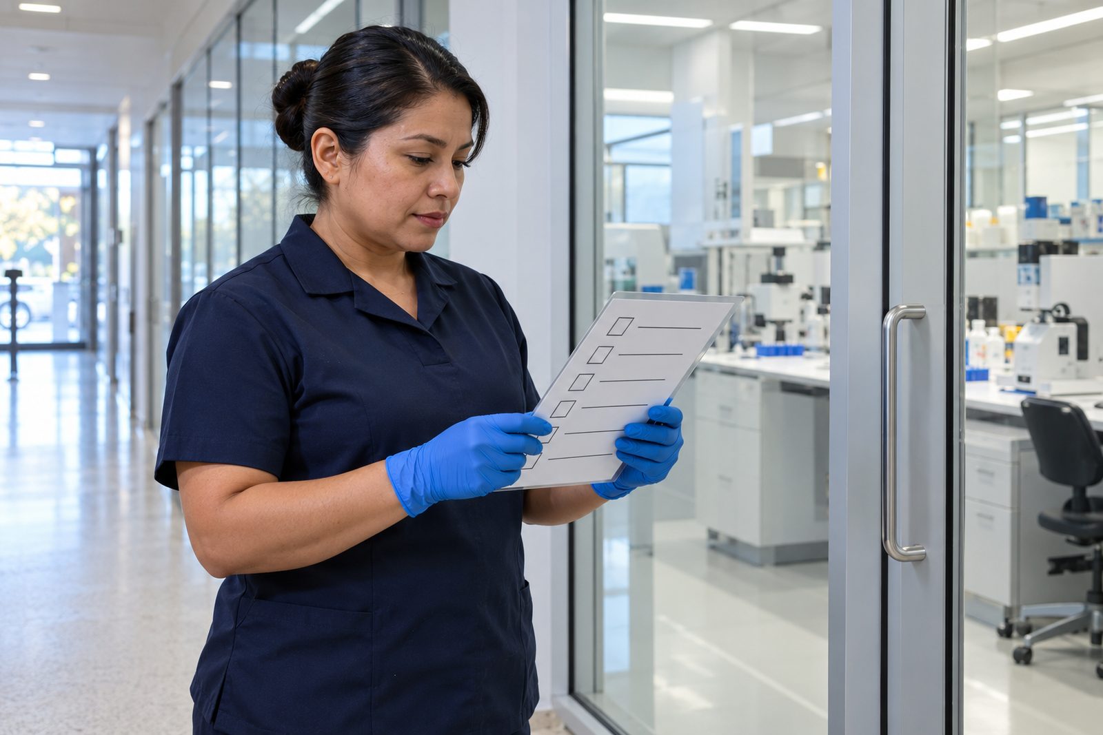 Hispanic woman in navy uniform and gloves checking a laminated checklist at a lab door, three-quarter view, focused