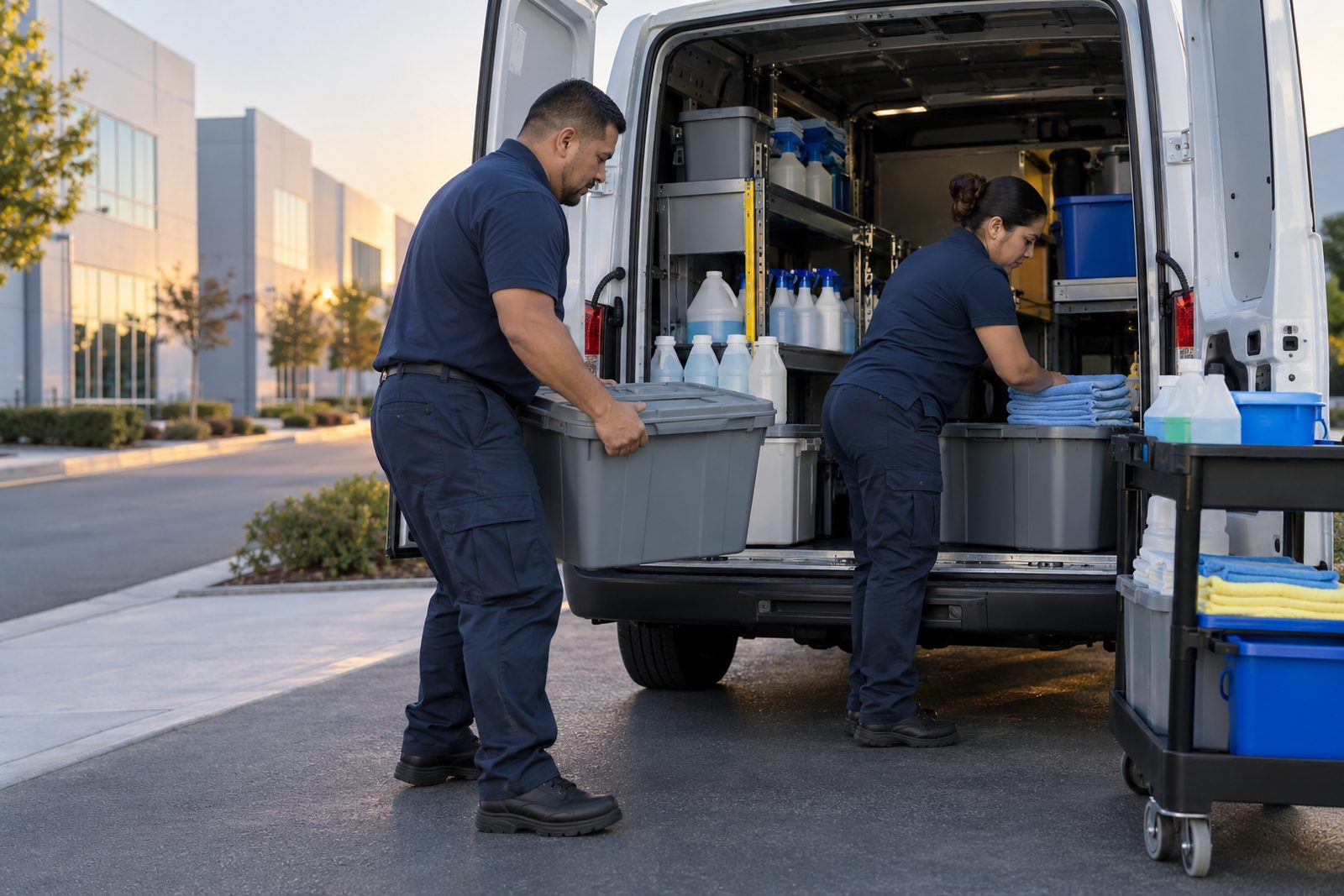 Two Hispanic crew members in navy uniforms loading supplies into a van at dawn on a Santa Clara industrial street
