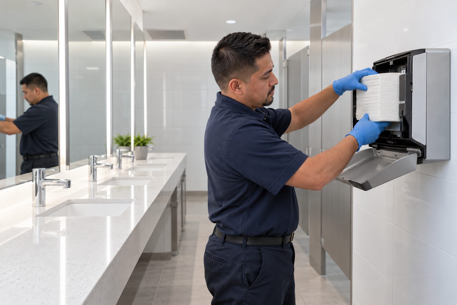 Immaculate modern restroom with white tile, a row of mirrors and a Hispanic crew member restocking a dispenser, bright