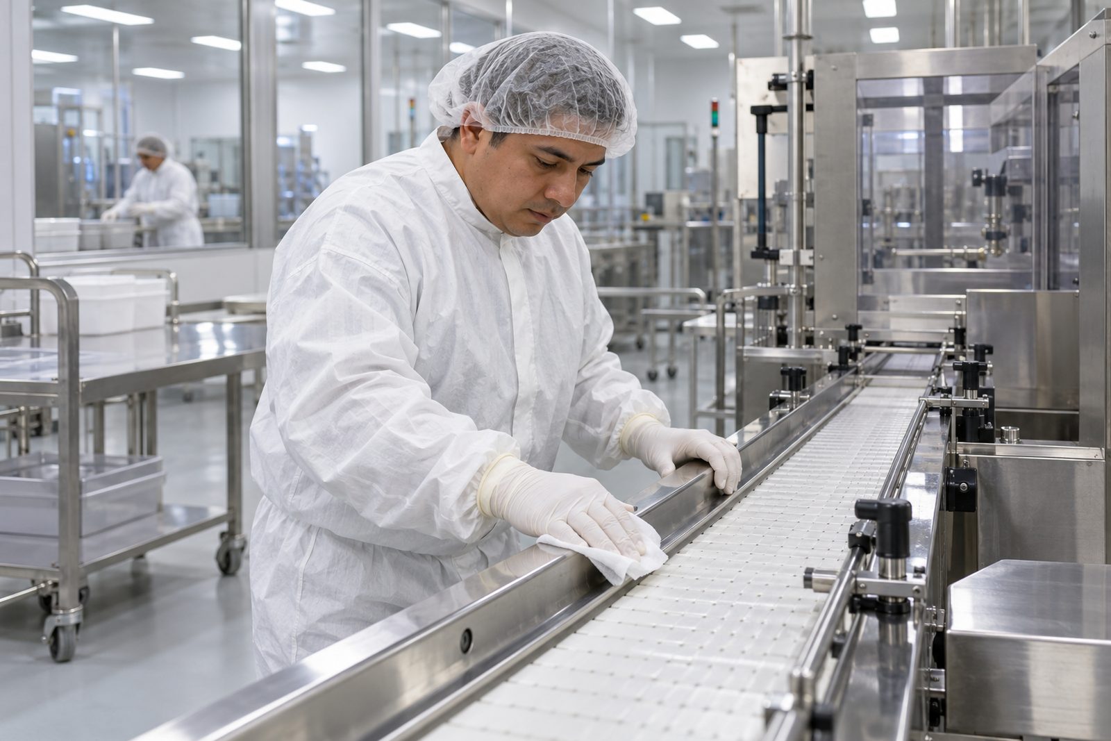 Pharma packaging hall with stainless tables, a technician in white coverall and hairnet wiping a conveyor edge