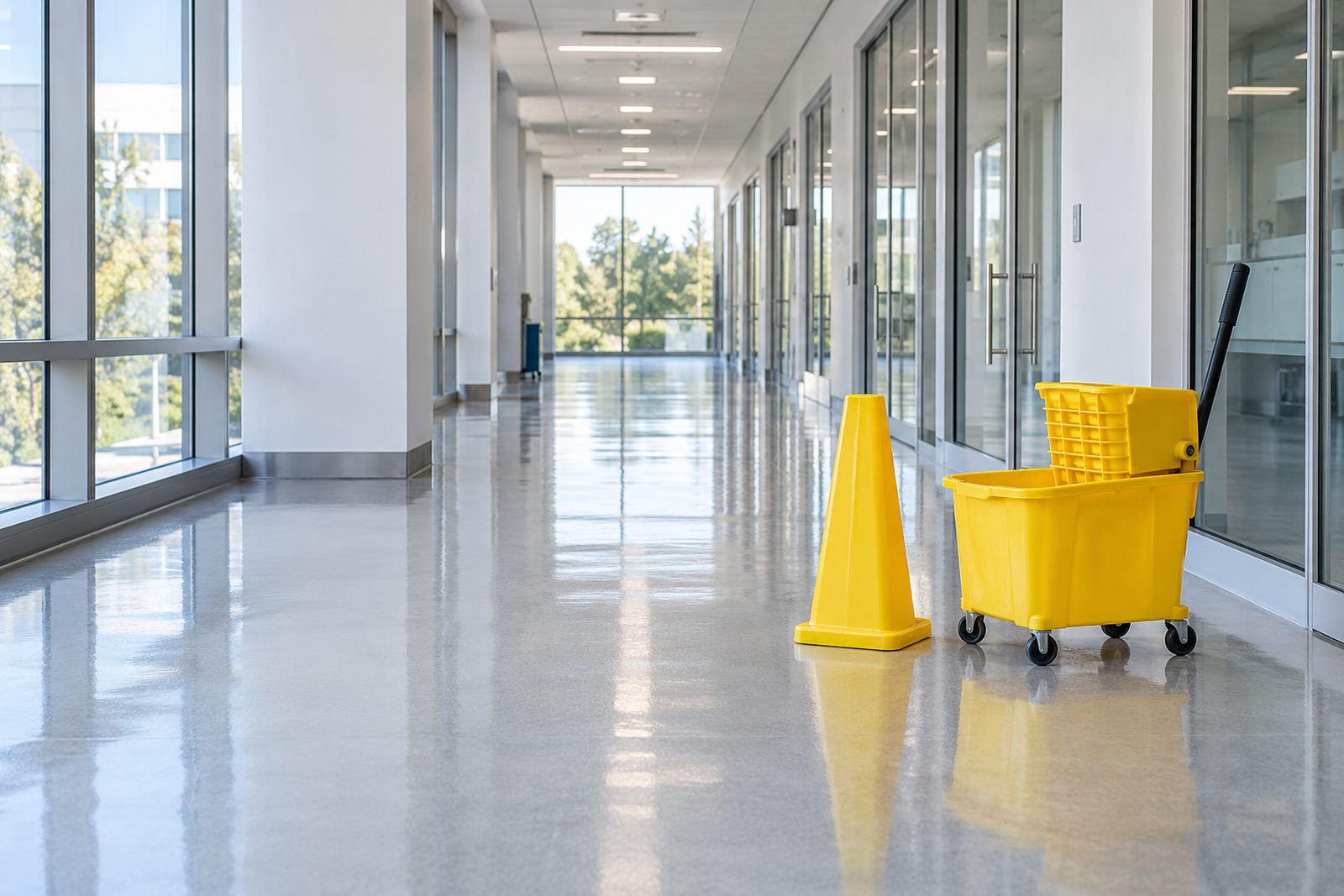 Yellow caution cone and a mop bucket on a freshly mopped corridor in a bright building, the corridor otherwise empty