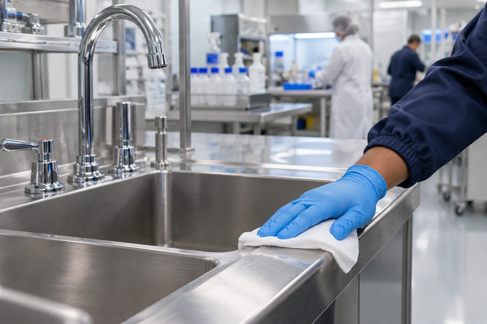 Stainless lab sink with gleaming faucet and a gloved hand holding a clean wipe, bright cool light, close view