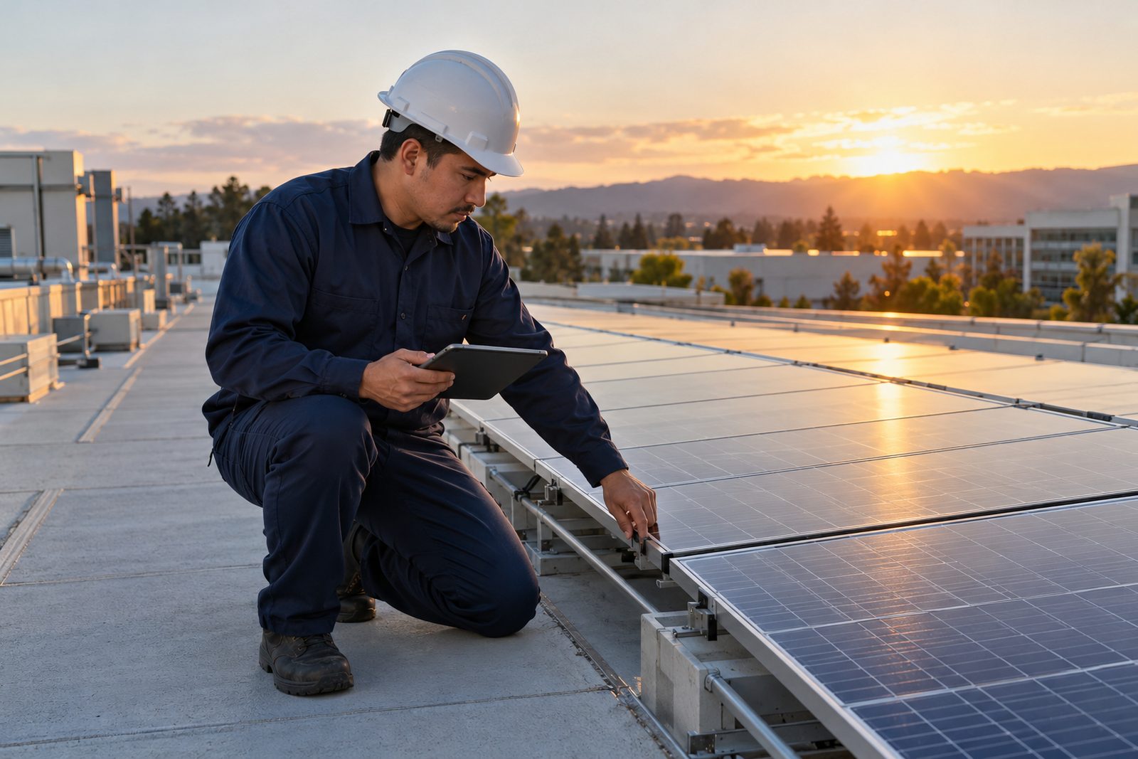 Rooftop of a modern biotech building with solar panels at sunset, a Hispanic crew member in navy and a hard hat inspecting