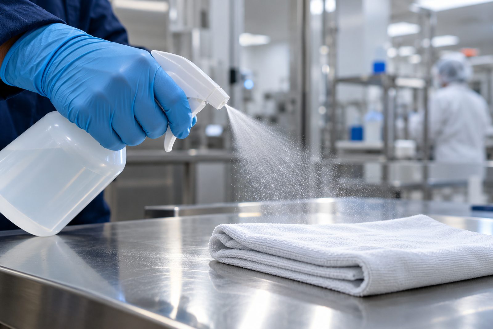 Hand pressing a trigger spray bottle onto a folded cloth over a stainless counter, fine mist visible, backlit