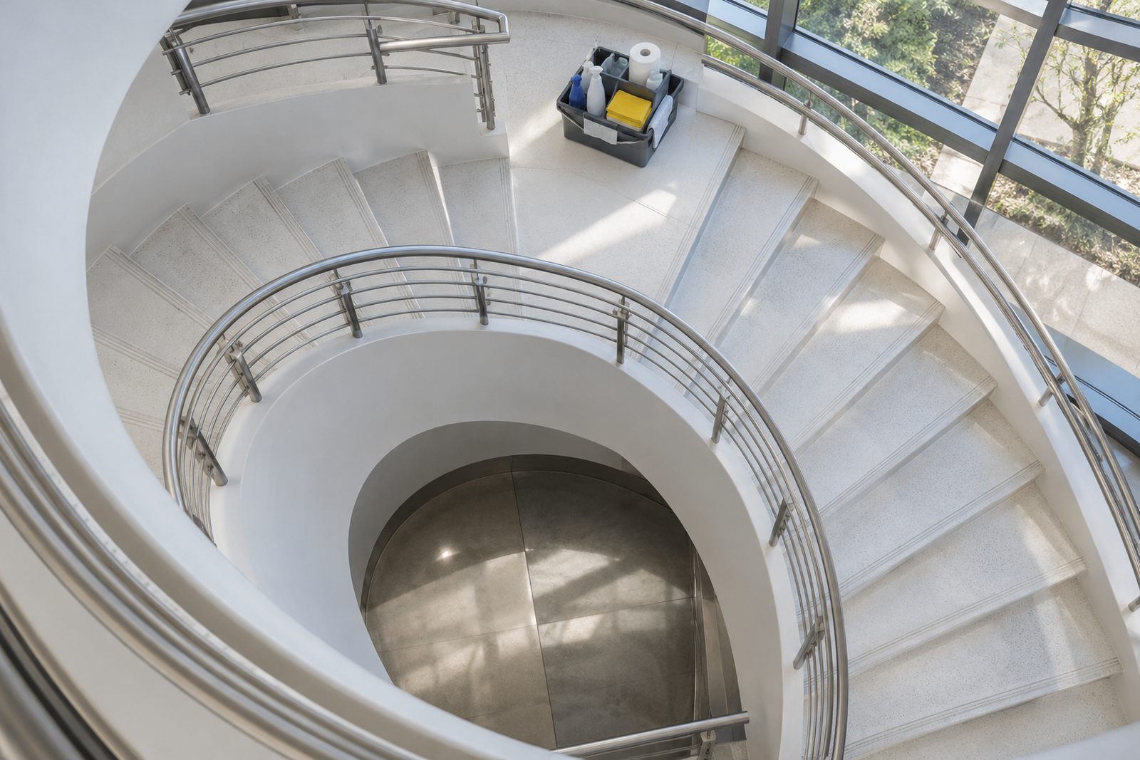 Spiral stairwell seen from above with a cleaning caddy resting on a landing, clean white steps