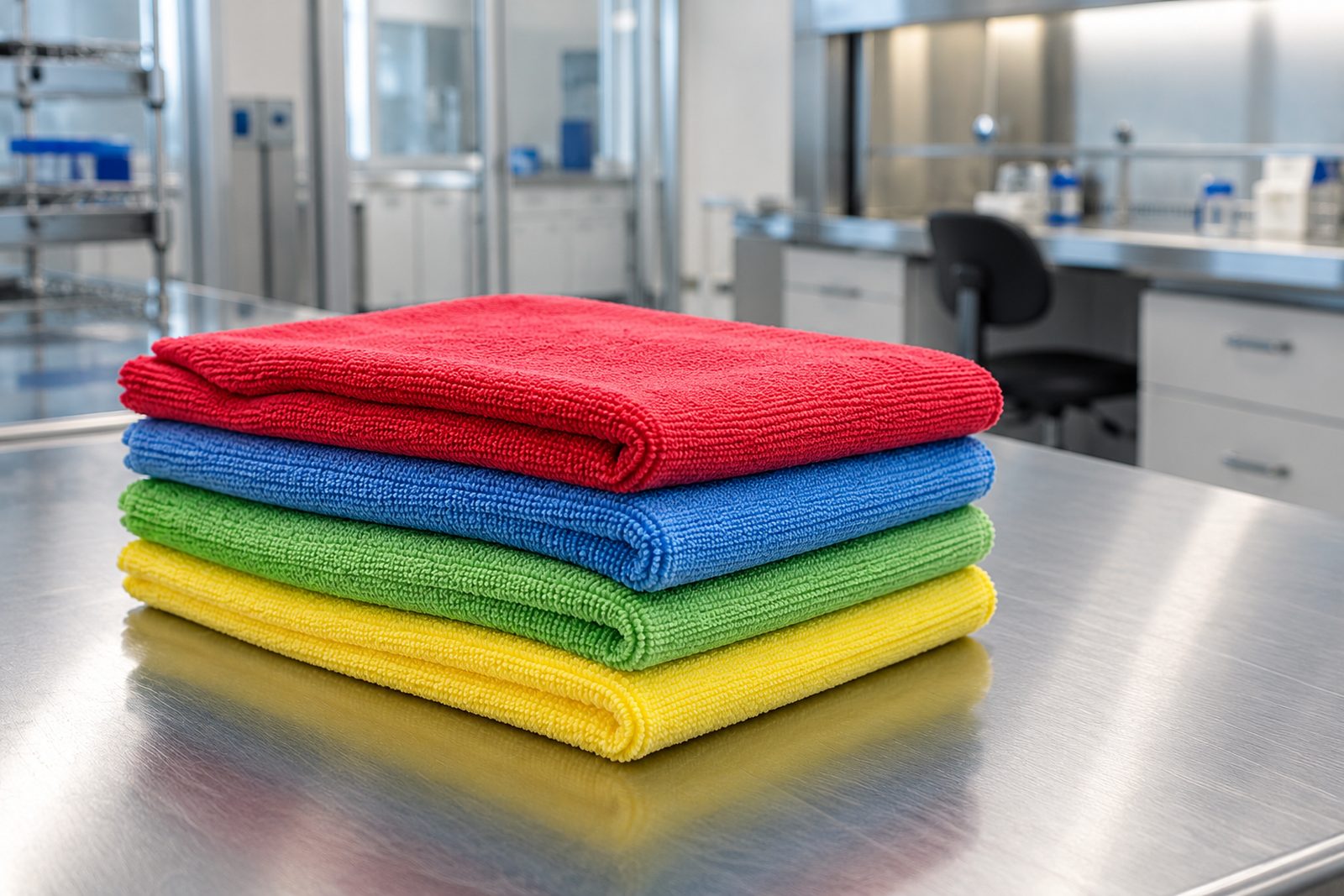 Still life of color-coded microfiber cloths in red, blue, green and yellow folded in a stack on a stainless table