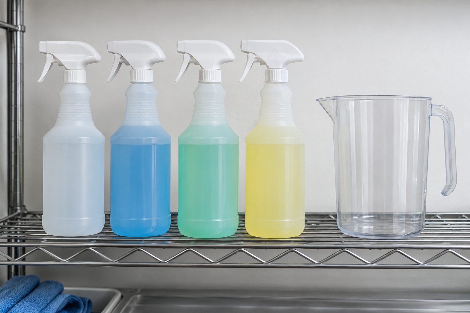 Still life of a row of pump spray bottles and a measuring jug on a utility shelf, clean white wall behind