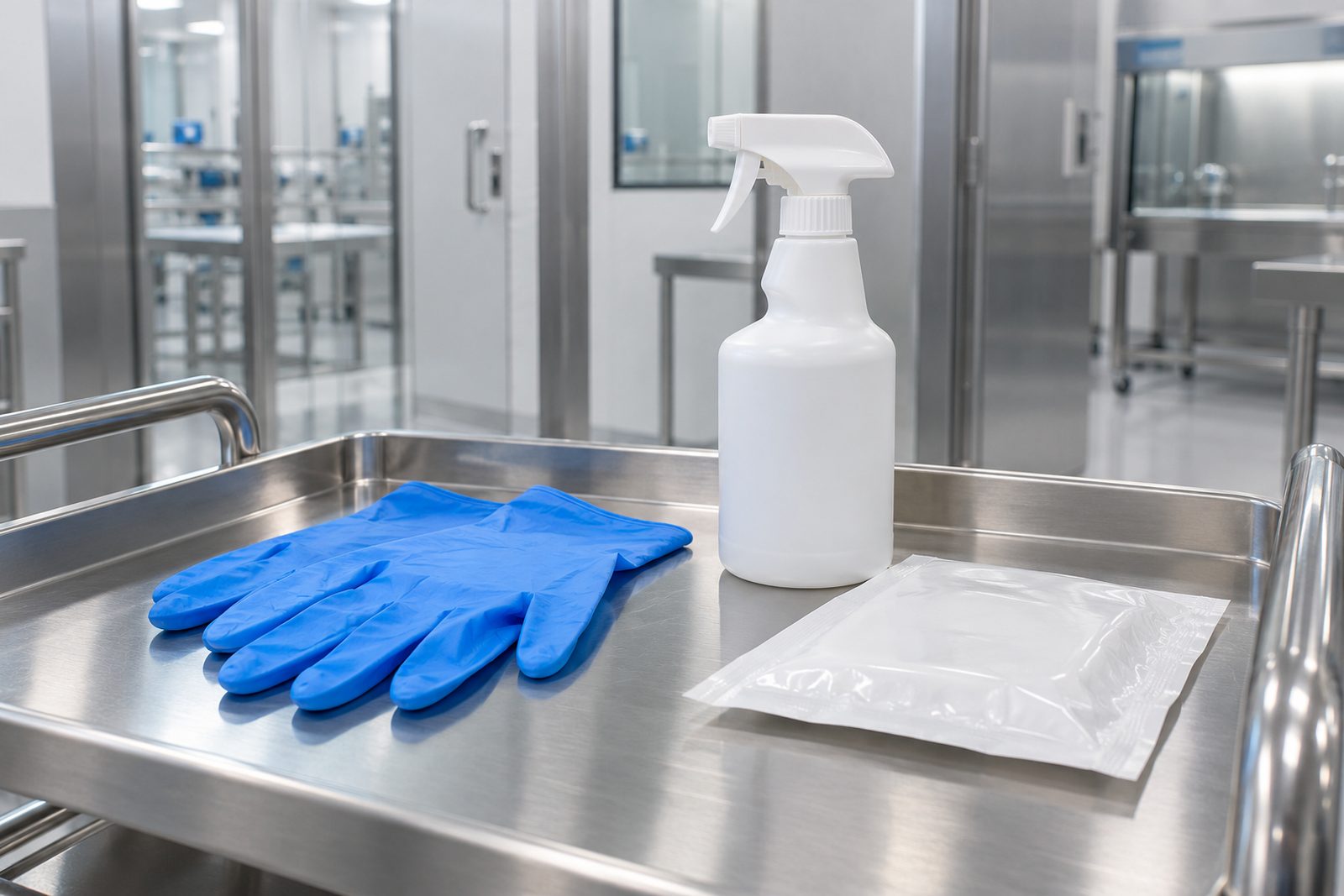 Still life of a pair of nitrile gloves, a sporicide bottle and a sterile wipe pouch on a cleanroom cart top