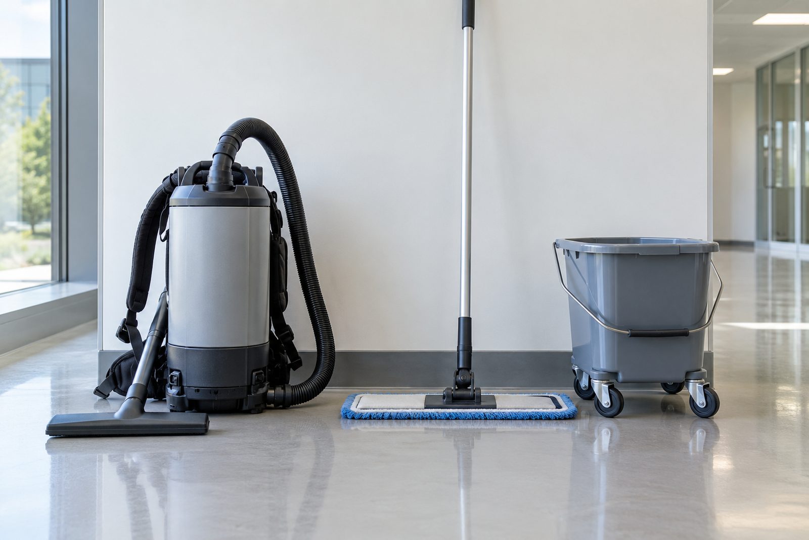 Still life of a backpack vacuum, a flat mop head and a bucket lined up against a pale wall, soft window light