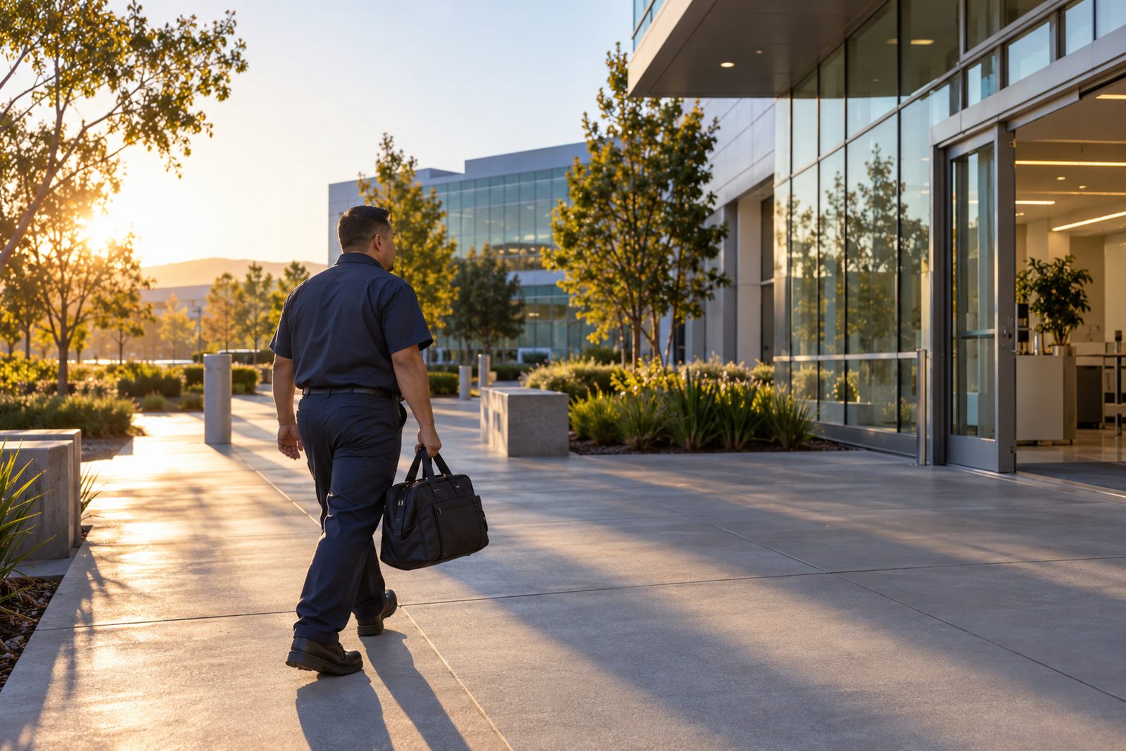 Silicon Valley biotech campus at sunrise with long shadows, a Hispanic crew member walking in with a supply bag