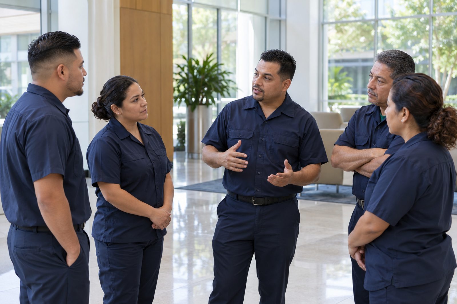 Group of five Hispanic crew members in navy uniforms gathered for a morning huddle in a bright lobby, candid, mixed ages