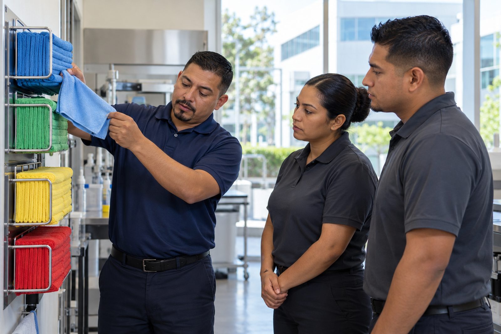Hispanic supervisor in navy polo showing two crew members a color-coded cloth system on a wall rack, natural light
