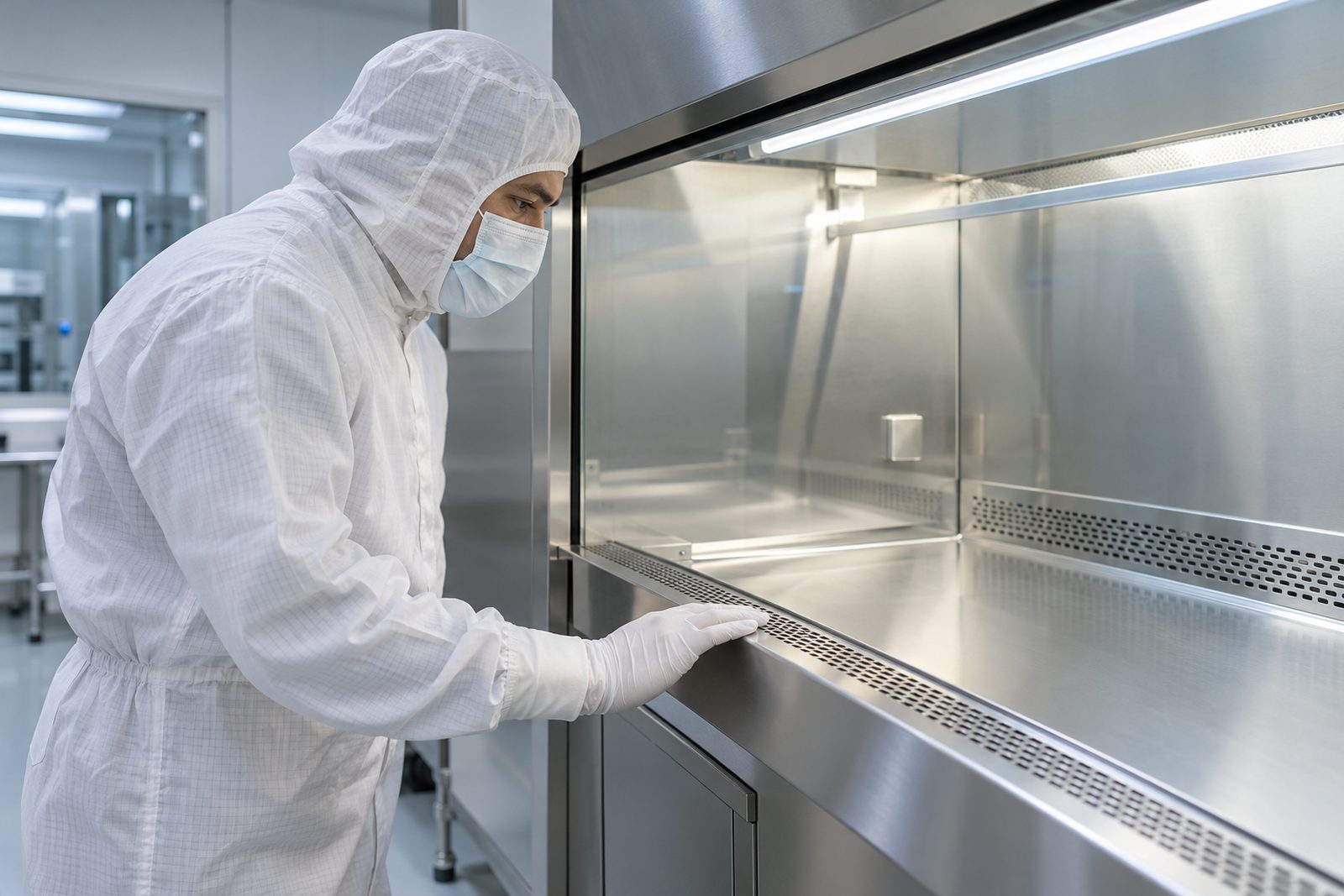 Technician in white coverall inspecting a laminar flow hood with a gloved hand on the stainless front edge, cool light