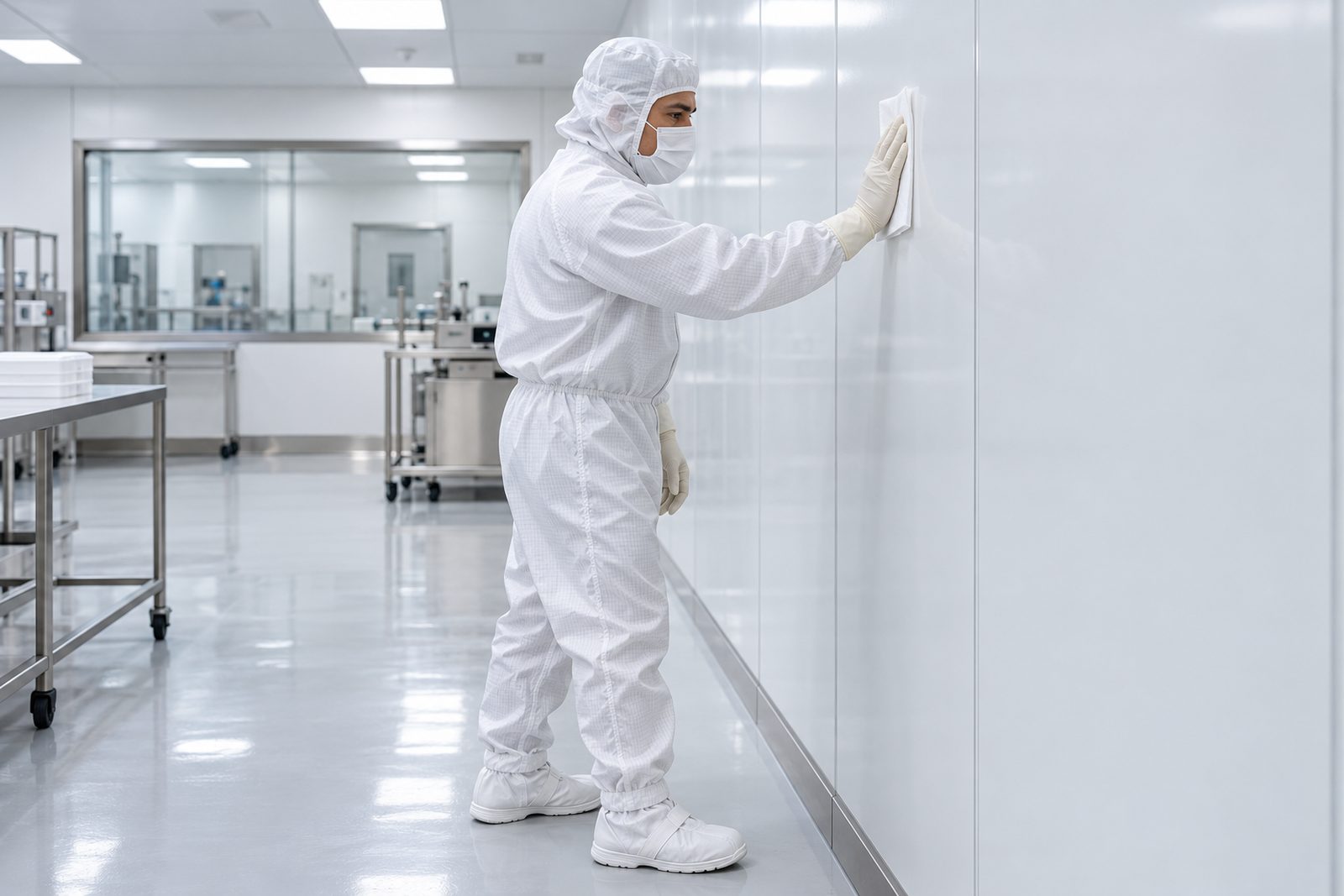Technician in white cleanroom garb wiping a white wall panel top to bottom with long overlapping strokes