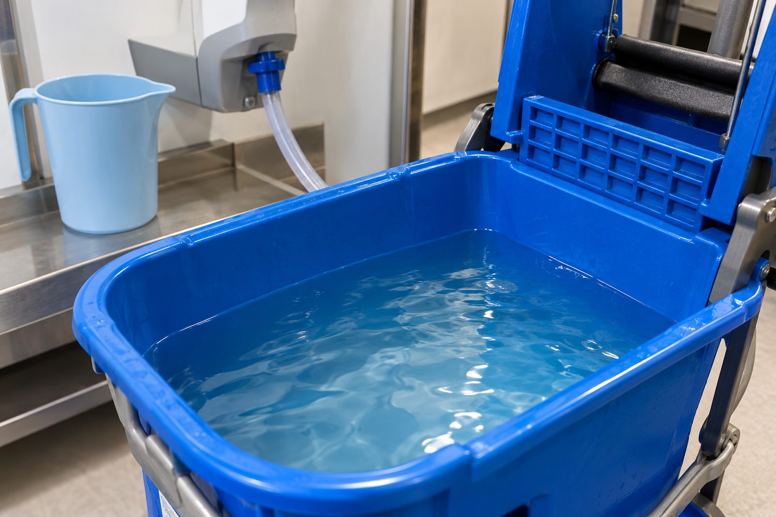Close view of fresh clean water in a mop bucket with a pale blue measuring cup and a dilution dispenser nearby