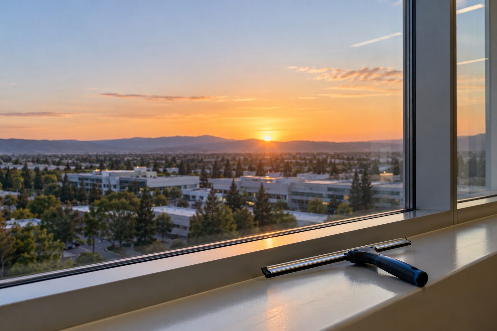 Interior view of a floor-to-ceiling office window with sunset behind, freshly cleaned, a squeegee resting on the sill