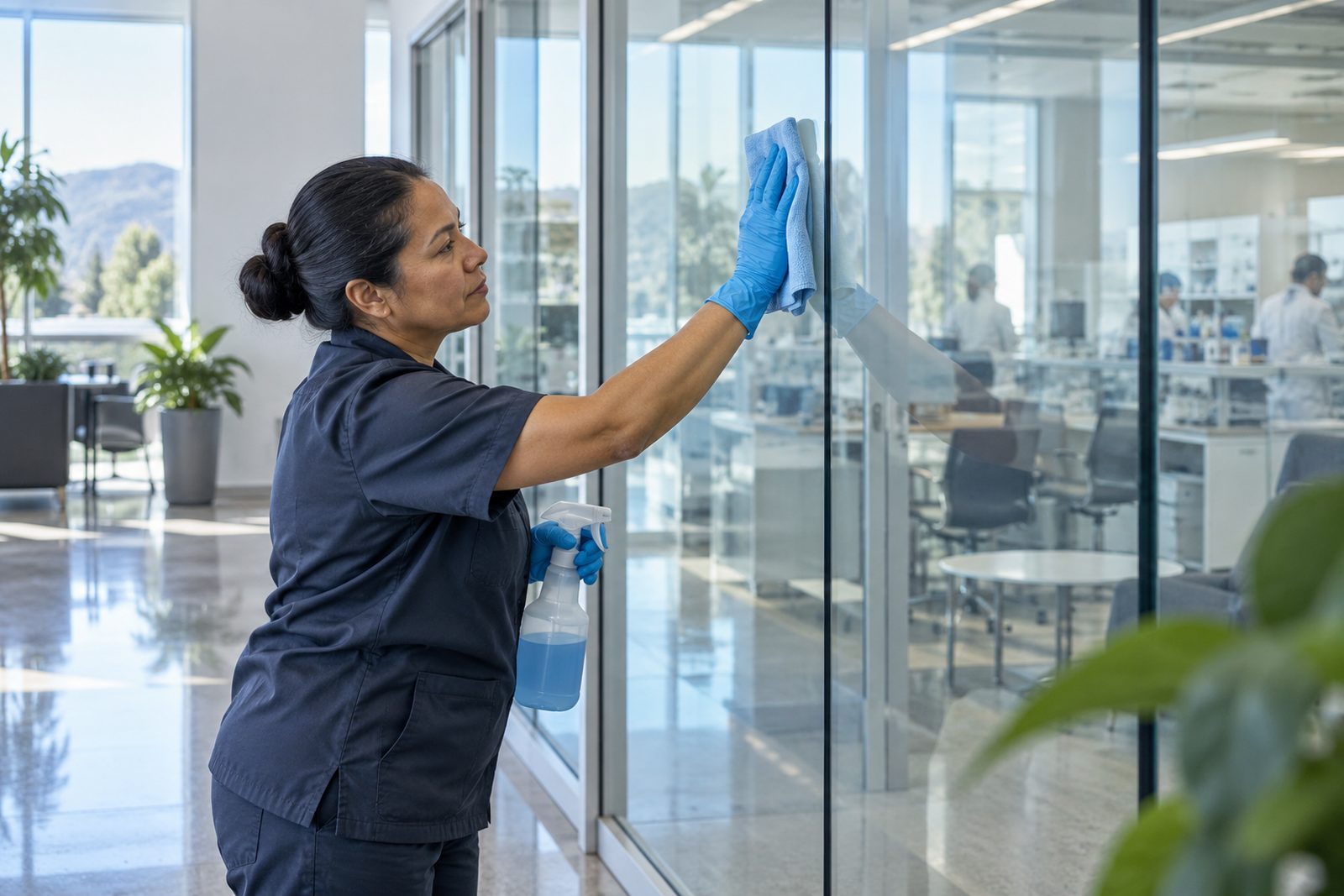 Custodian in gloves wiping glass partitions in a modern biotech office space