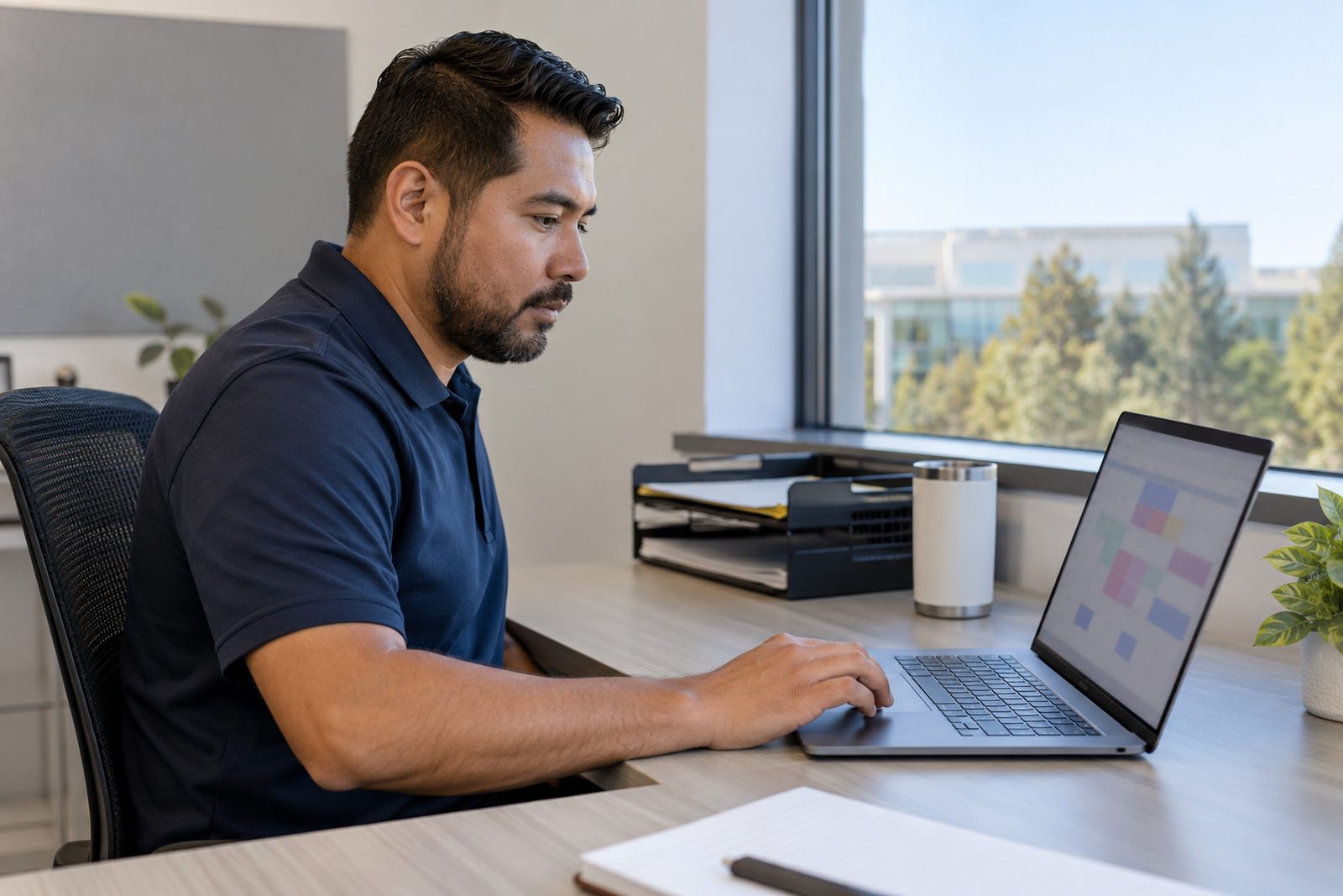 Operations manager reviewing a site schedule on a laptop in a small office