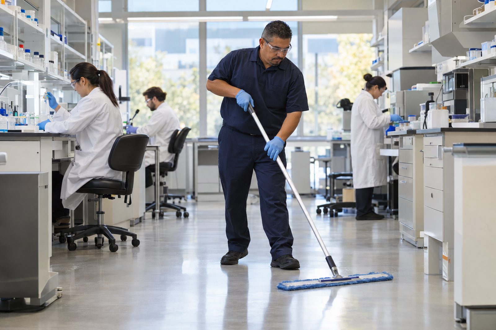 Custodian quietly cleaning a lab floor while scientists work at benches in the background