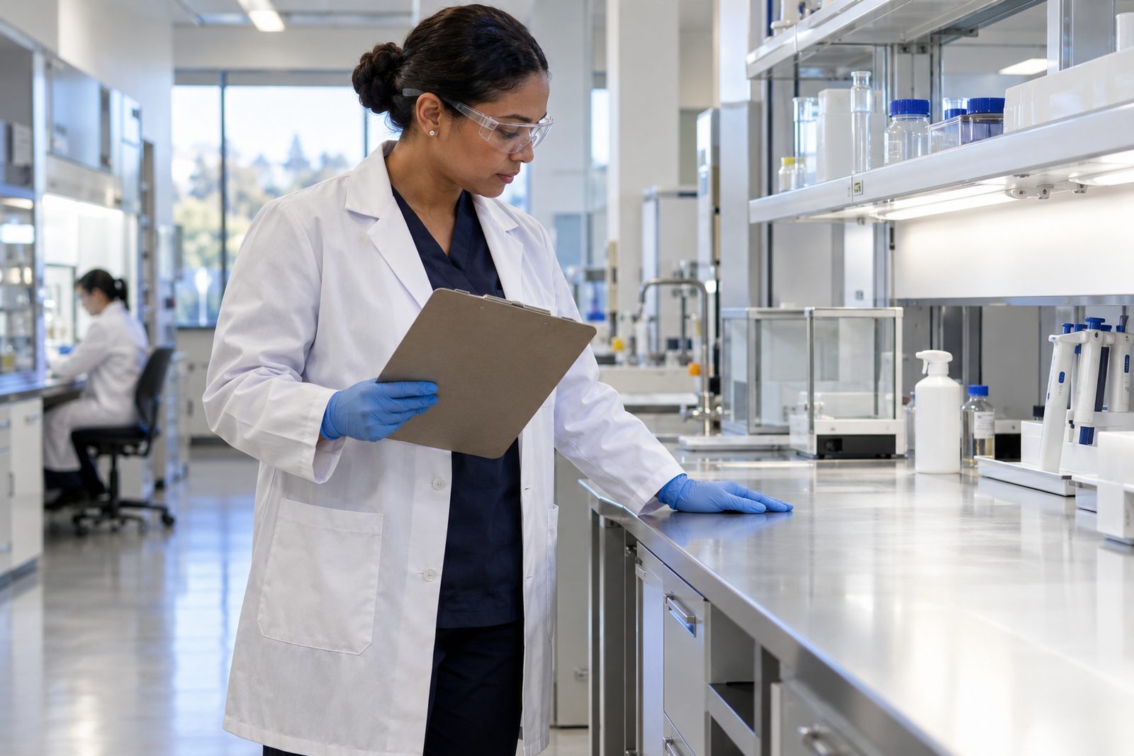 Supervisor checking a quality inspection form against a cleaned lab bench