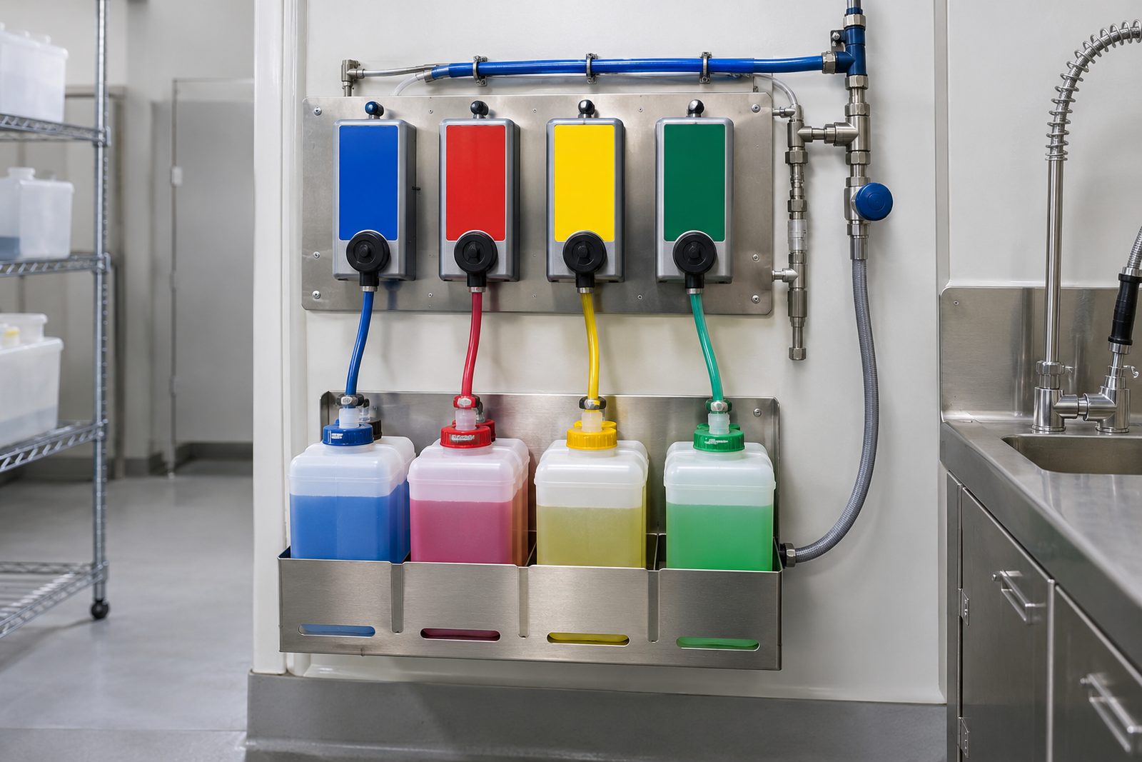 Labeled chemical dilution station mounted on a wall with color-coded bottles, no readable text