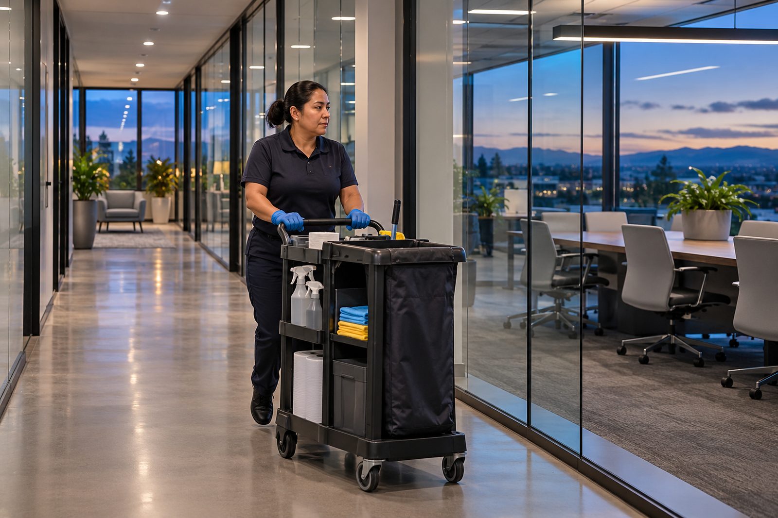 Custodian pushing a tidy cleaning cart through a glass-walled office corridor at dusk