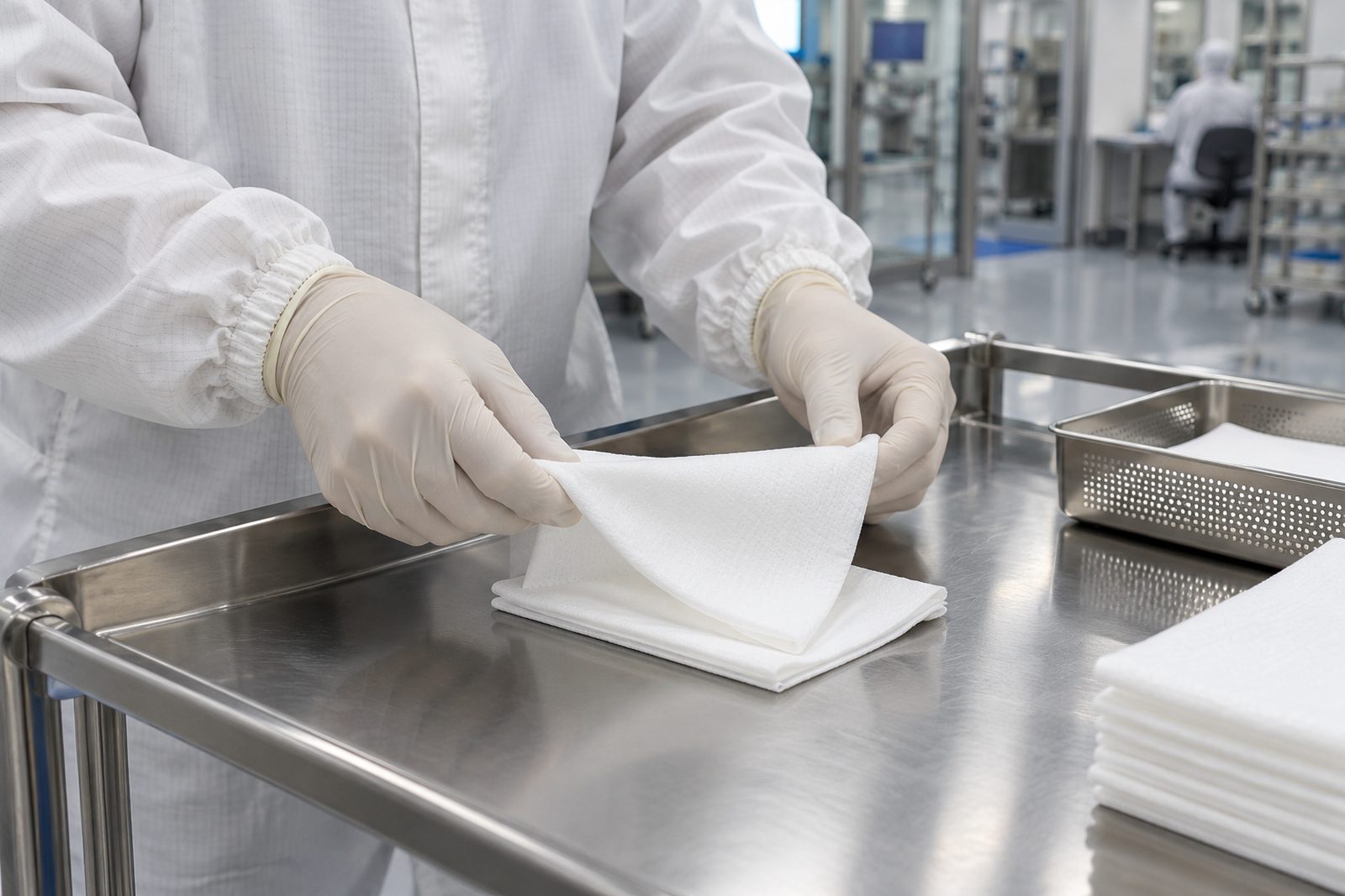 Gloved hands folding a lint-free cleanroom wiper into quarters above a stainless cart