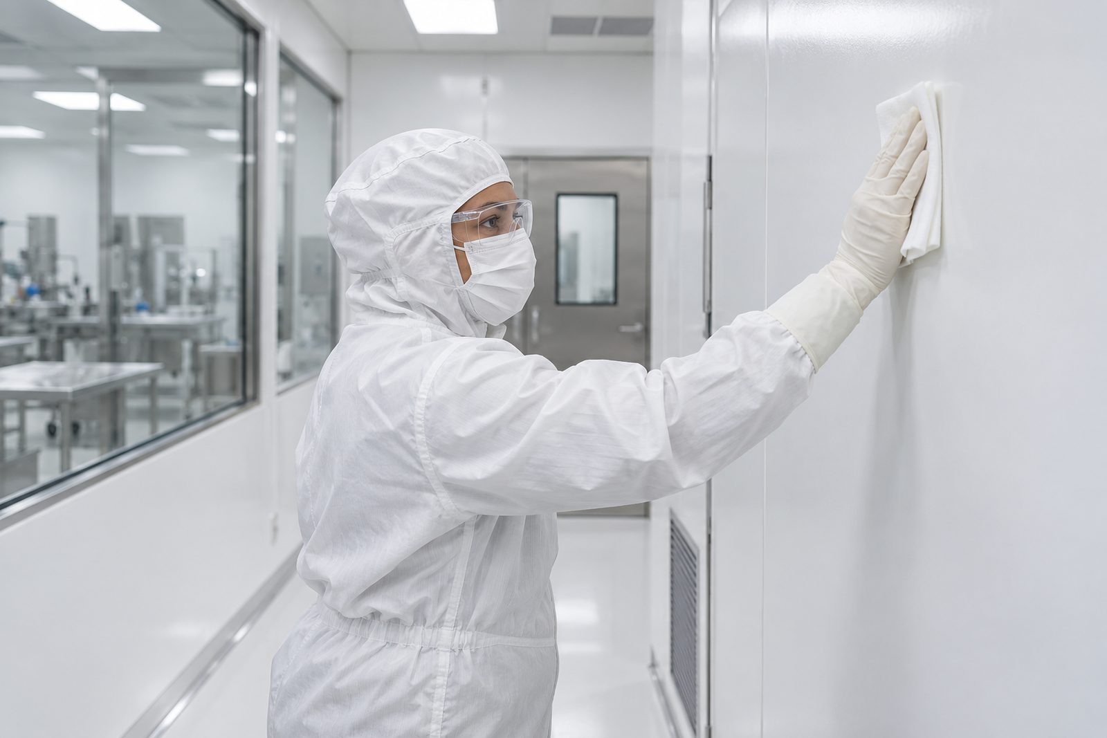 Gowned technician wiping a cleanroom wall top to bottom with an overlapping stroke under even white light