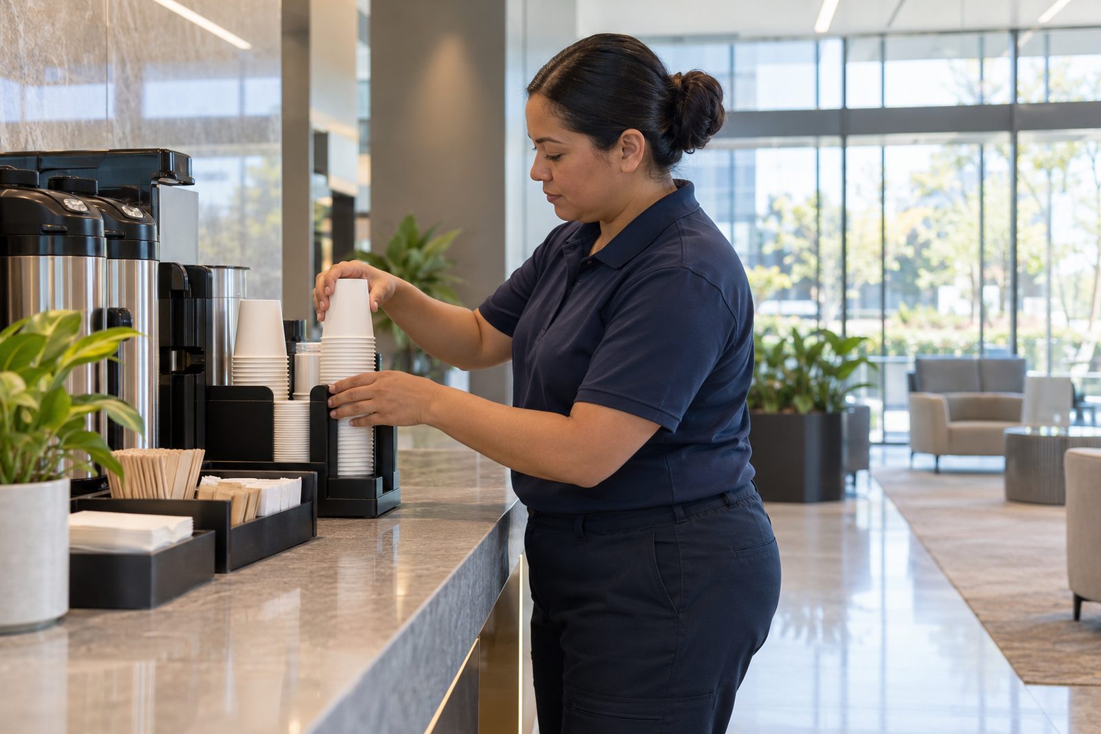 Day porter in a navy uniform restocking a coffee station in a bright corporate lobby during the day