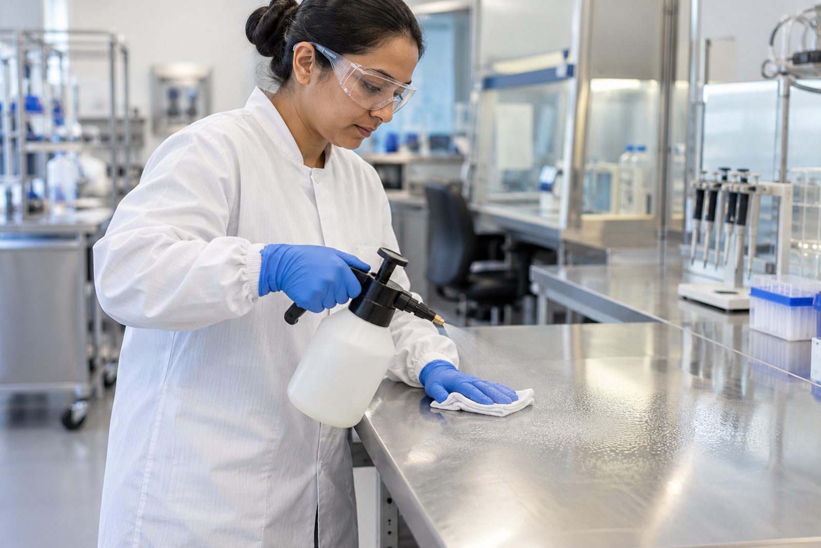 Worker in gloves and goggles applying disinfectant with a pump sprayer to a stainless counter
