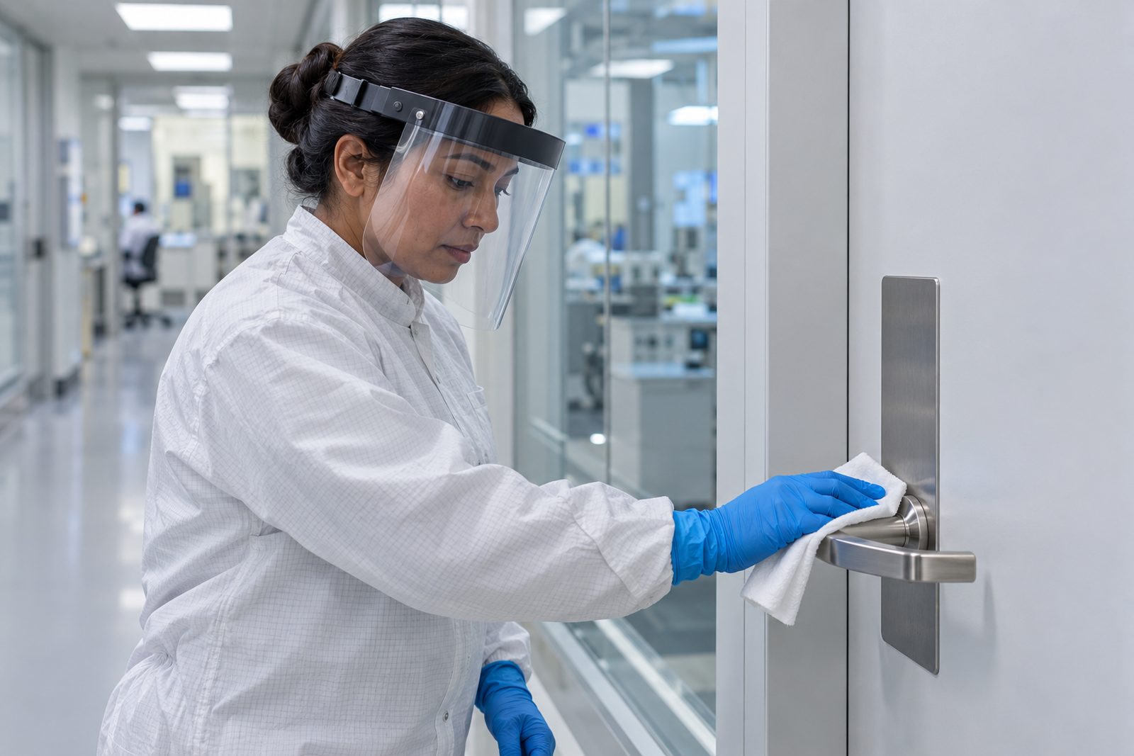 Gloved worker in a face shield disinfecting a door handle and push plate with a folded cloth