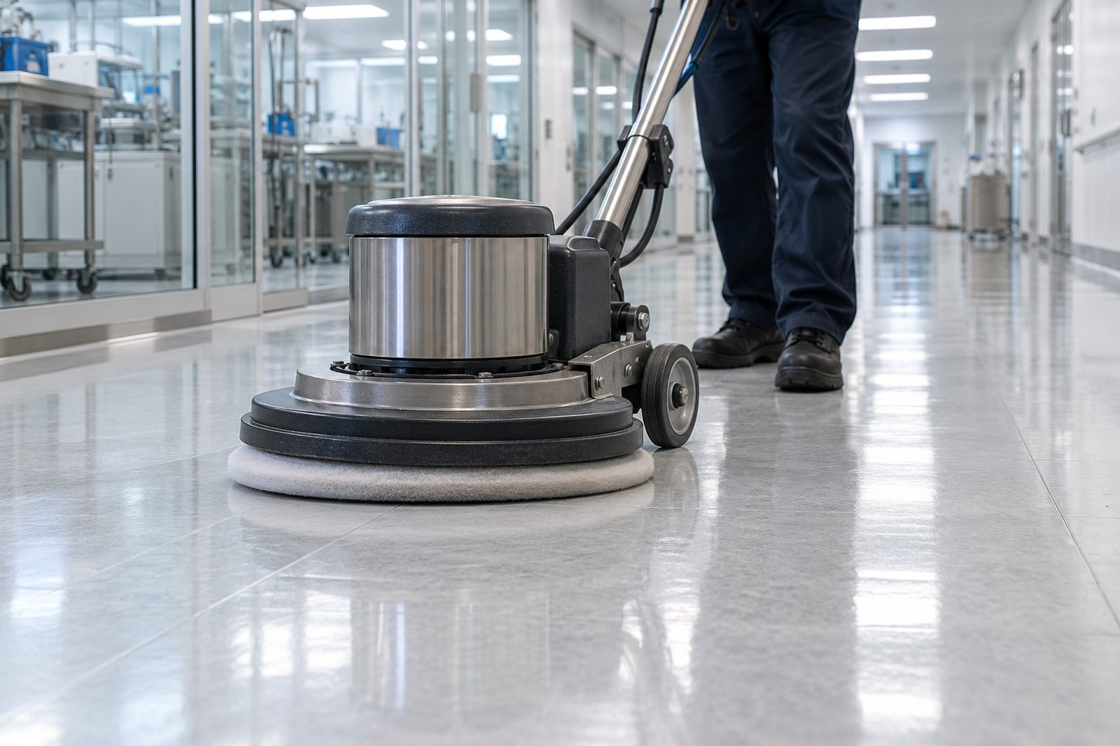 Close view of a floor machine pad buffing vinyl tile to a soft gloss in a hallway